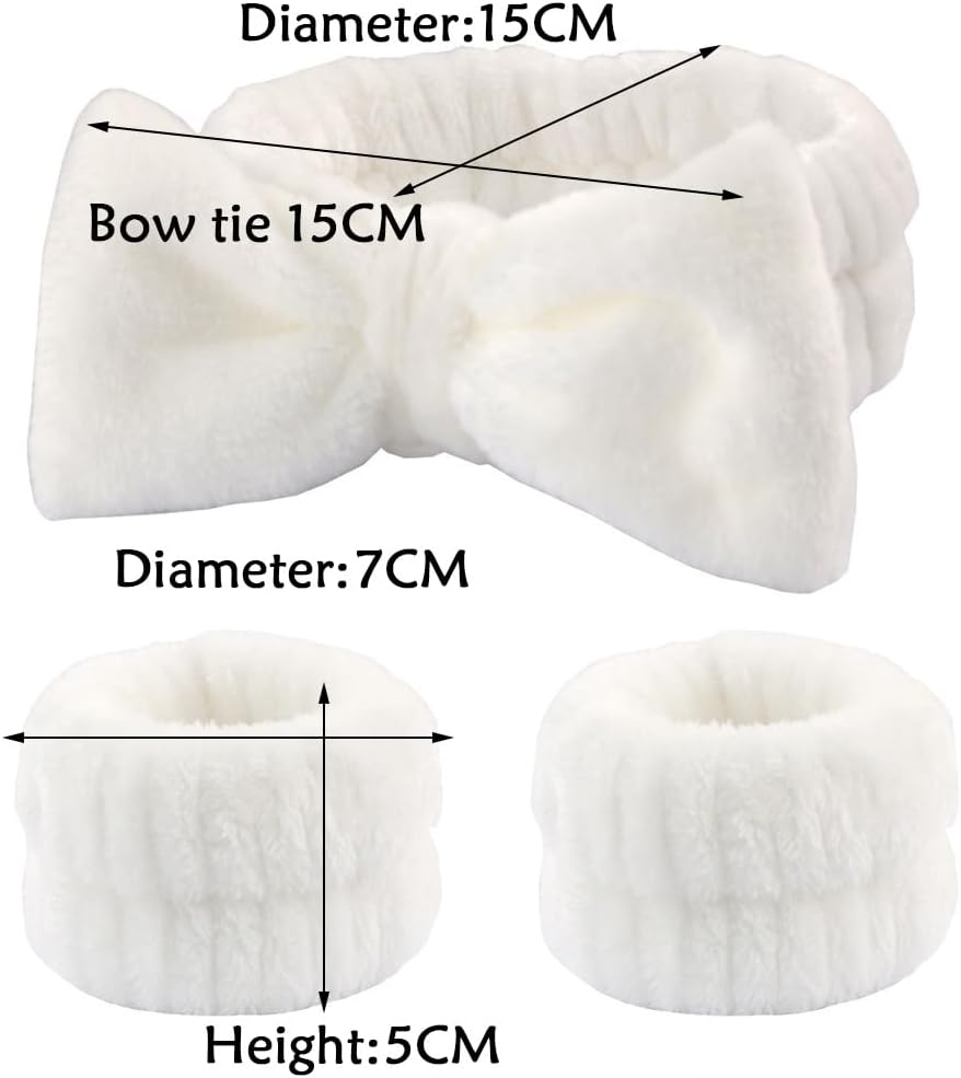 Wnddle 3 Piece Spa Face Headband Wrist Wash Strap Set, Spa Bowknot Hair Bands, Soft Makeup Hair Band, Elastic Wrist Sweatband, for Women Showering Face Washing Yoga Sports