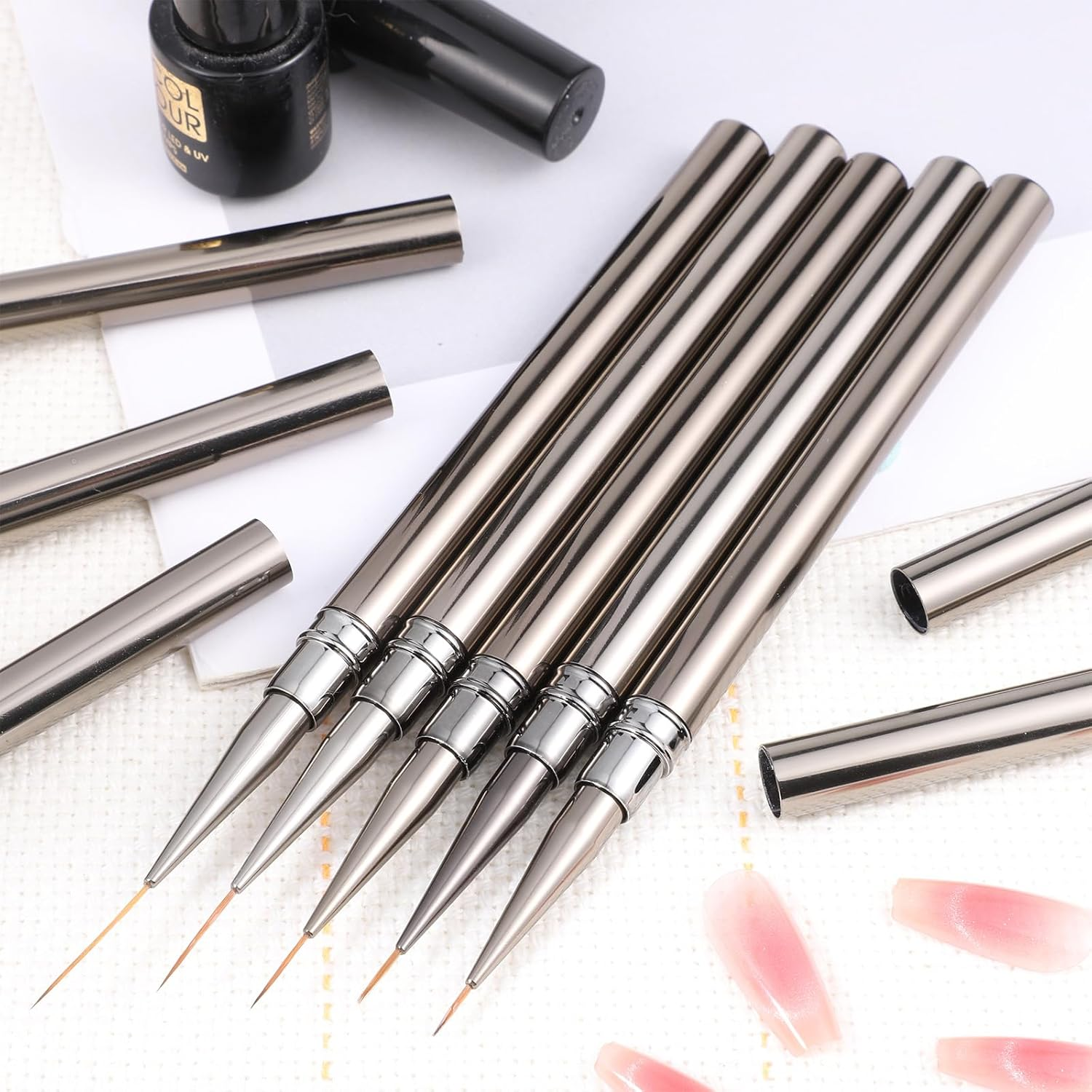 Metallic Nail Art Brushes, 5Pcs Liner Brushes for Nails Detail Brush Dotting Painting Tools Thin Nail Art Brush for Gel Polish Long Lines Thin Details Fine Drawing, Sizes 6/9/12/15/18Mm (Silver)