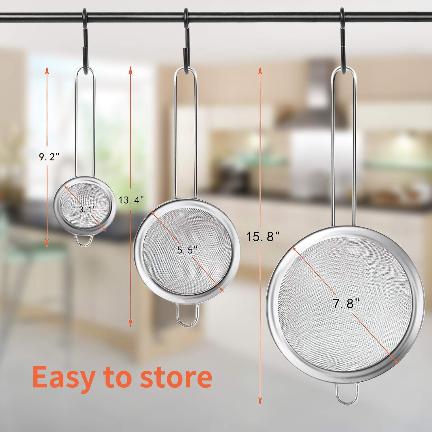 Set of 5 Fine Mesh Strainer, Stainless Steel Colander Kitchen Sieve Sifters for Kitchen Food, with Handles, Small Medium Large Size (5Pcs) - Silver image number 7