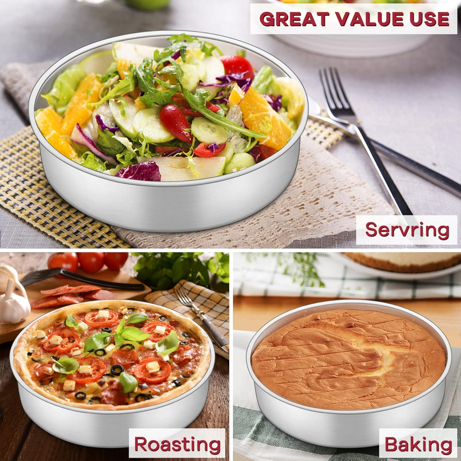 Haware 8 Inch Cake Tin, Stainless Steel round Baking Pan Set of 2, Birthday Wedding Layer Cake Tin for Baking Roasting Serving, Healthy & Non-Toxic, Mirror Polished & Dishwasher Safe (20Cm) image number 1