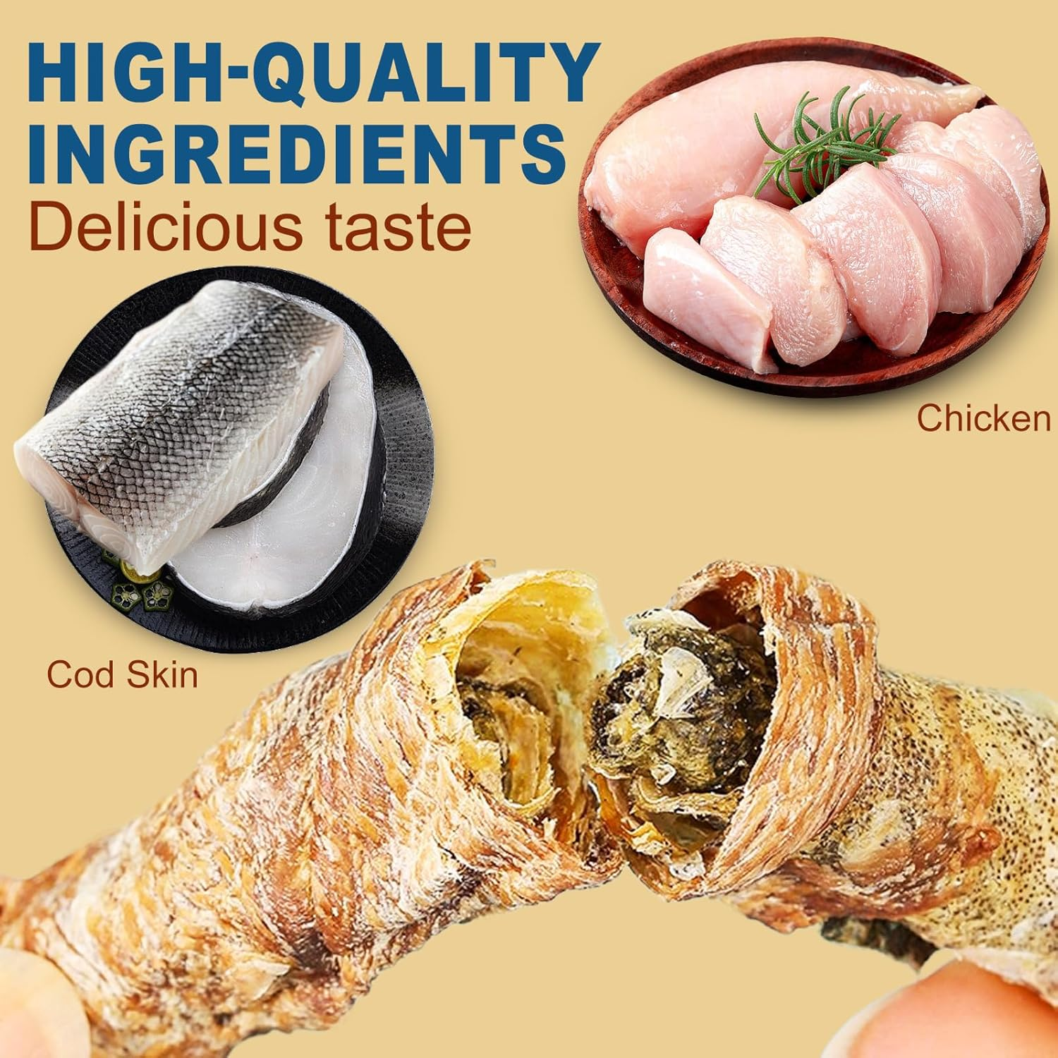 Chicken&Cod Skin Wraps Stick, High Protein Dog Treats, Healthy Chews Teeth Cleaning for Large Medium Small Pets No Additives & Preservatives (150Gram/5.29 OZ) image number 6