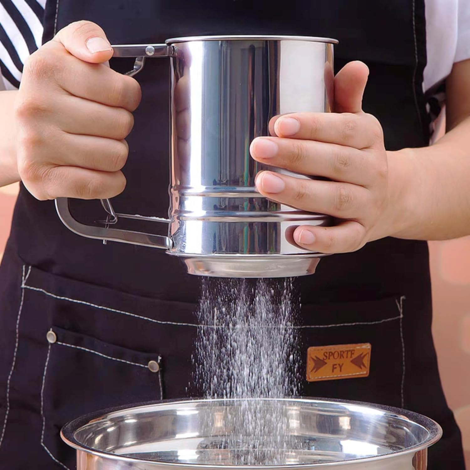 Manual Flour Sifter, Baking Sieve Flour Strainer, Stainless Steel Double Flour Sifter for All Baking Flours and Powdered Sugar Strainer (Silver) image number 4