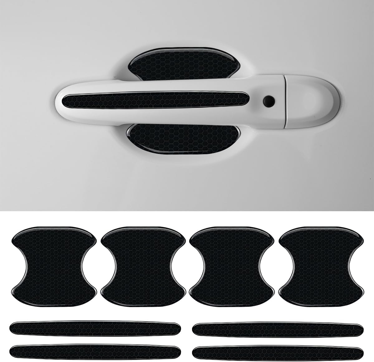 LHDOS 8PCS Car Door Handle Cup Scratch Protector - Reflective Sticker - Anti-Scratch Paint Cover - Black Rubber - Universal Fit