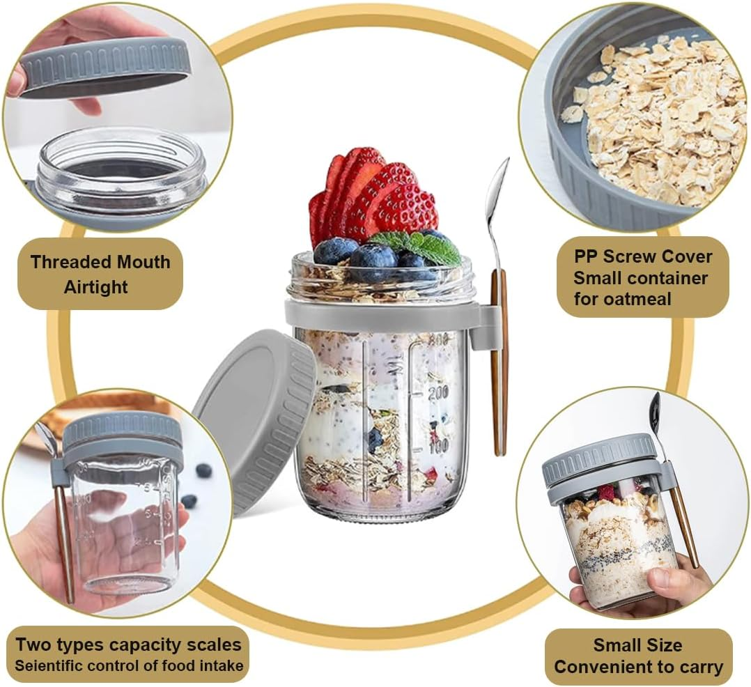 Overnight Oats Container Jars, Airtight Oatmeal Container with Lids and Spoons, 12Oz Glass Food Storage Containers for Milk, Cereal, Fruit, Yogurt Containers (4Pcs)