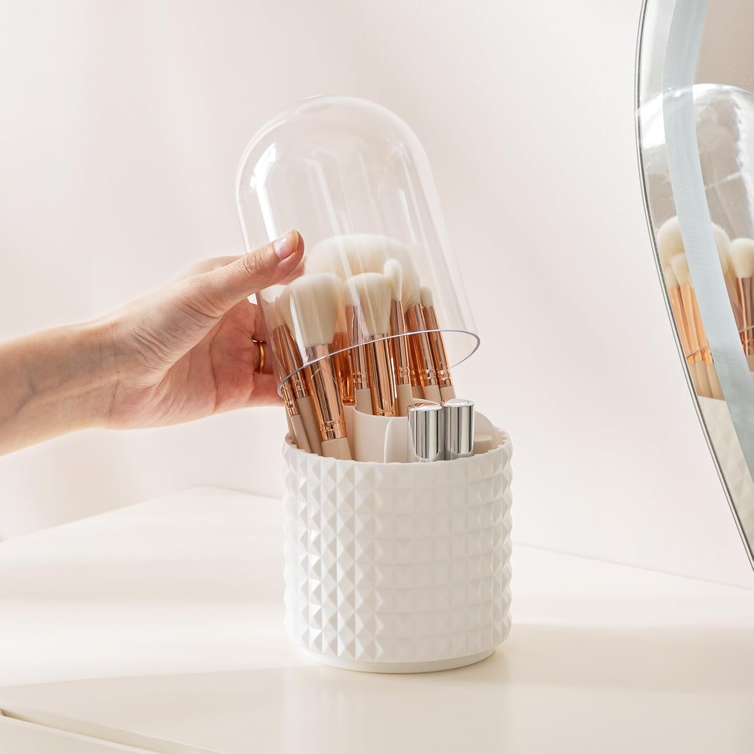 Makeup Brush Holder with Lid, 360 Rotating Makeup Brush Organizer with Cover, Cosmetic Organizer Dustproof, Makeup Brushes Container Spinning Brush Holder for Vanity (White-Lid) image number 5