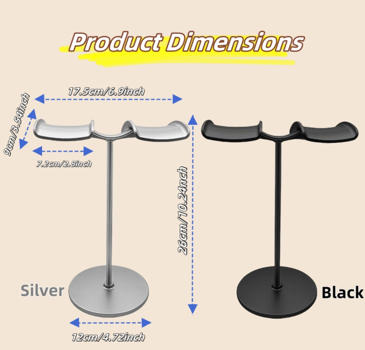 NQQNQQ DJ-O Aluminum Dual Headphone Stand for Over-Ear Gaming Headsets &ndash; Heavy Base Holder Compatible with Beats, Bose, ATH, AKG. (Silver) - Black image number 6