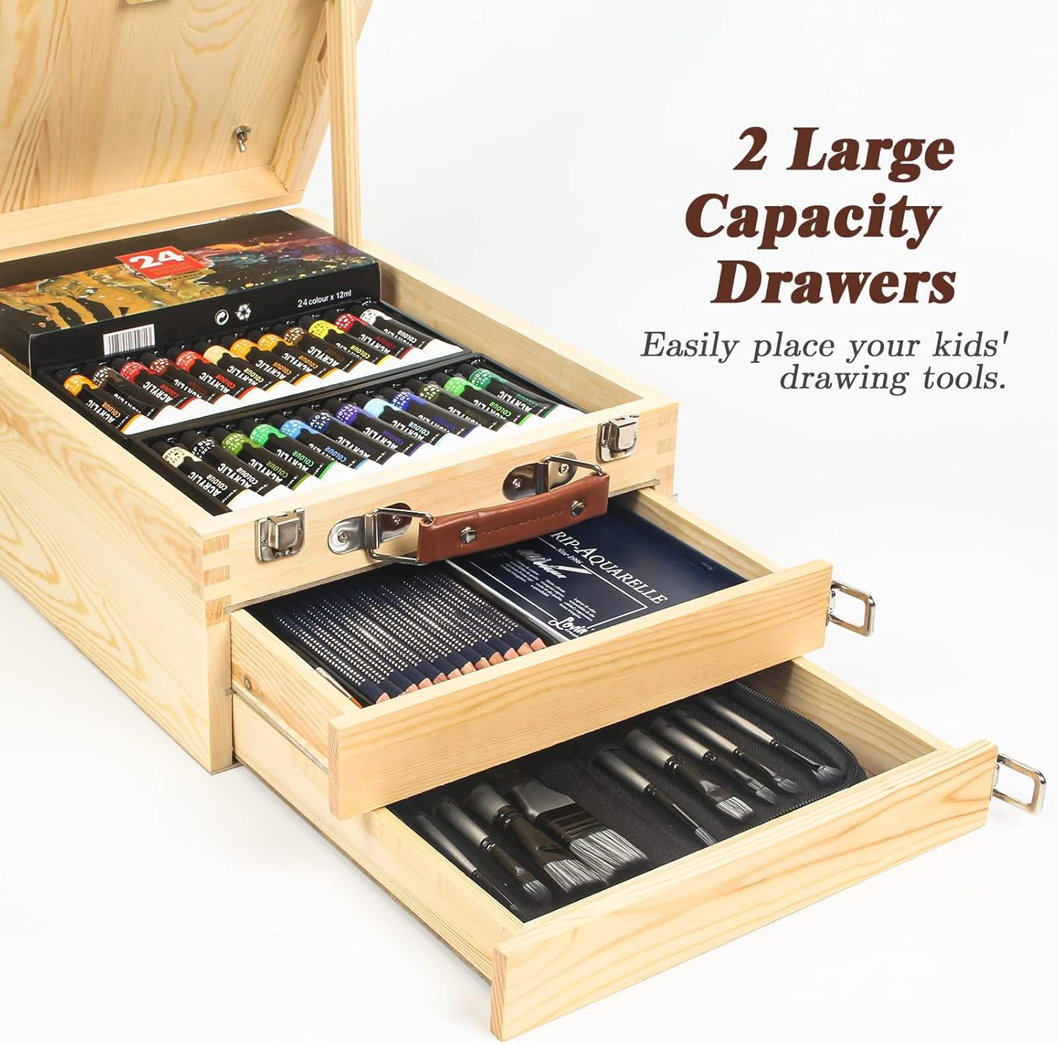 MIAOKE Table Easel, Wooden Easel, Adjustable Case Easel with 55 Pieces, Luxury Painting Case, Includes 24 Acrylic Paints Set, 12 Colouring Pencils, 10 Brush Set and Other Painting Tools image number 1