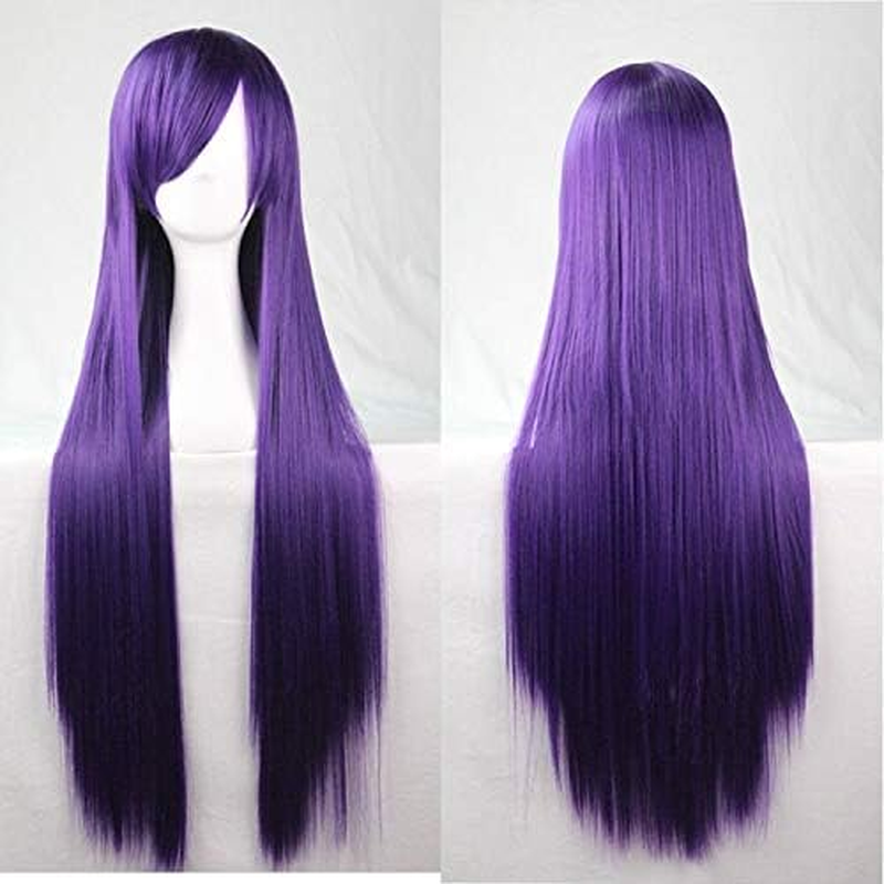 New 80Cm Straight Sleek Long Full Hair Wigs W Side Bangs Cosplay Costume Womens, Dark Purple - Blue image number 3