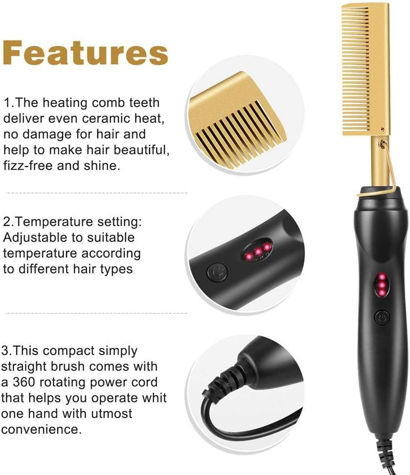 Goblinaduo Ceramic Electric Hot Hair Comb Straightener Wet Dry Use Beard Curved Straightening Heating Iron image number 5
