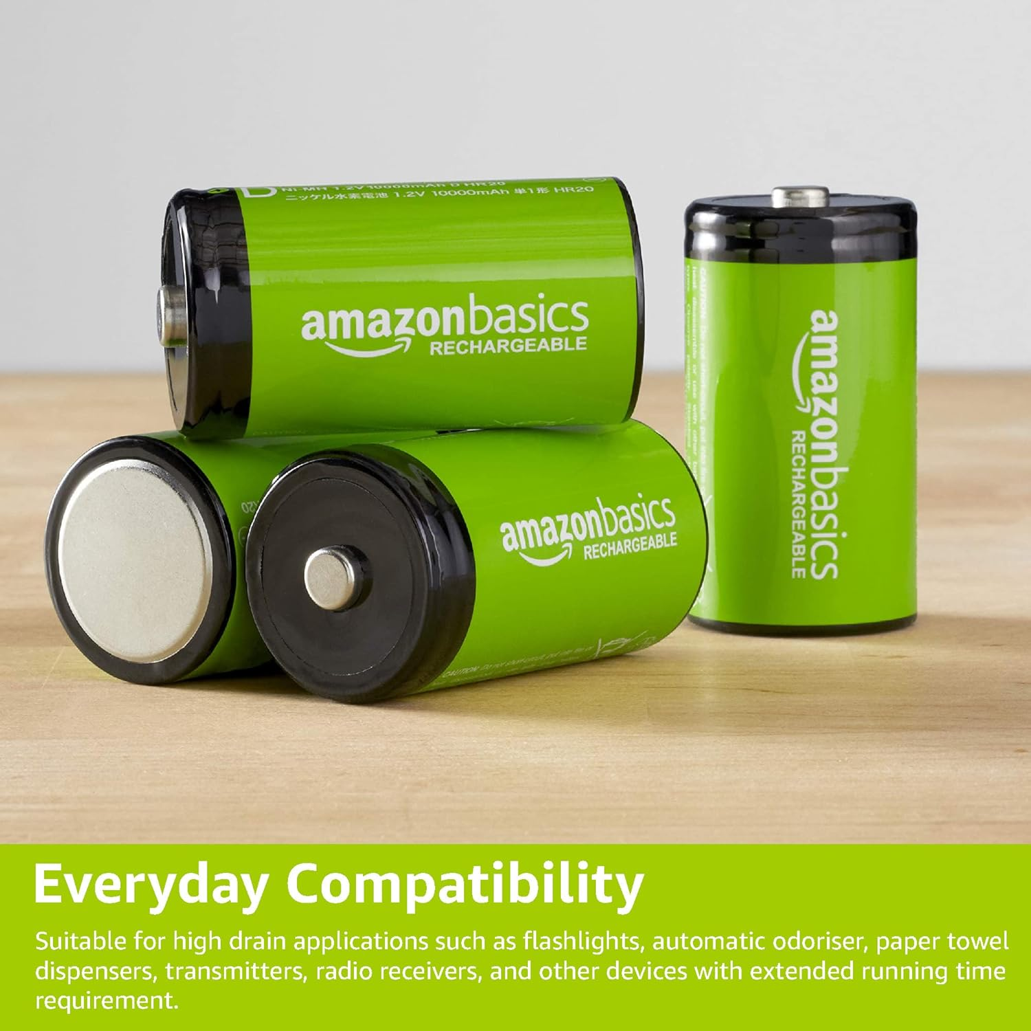 Amazon Basics 4-Pack Rechargeable D Cell Nimh Batteries, 10000 Mah, Recharge up to 1000X Times, Pre-Charged