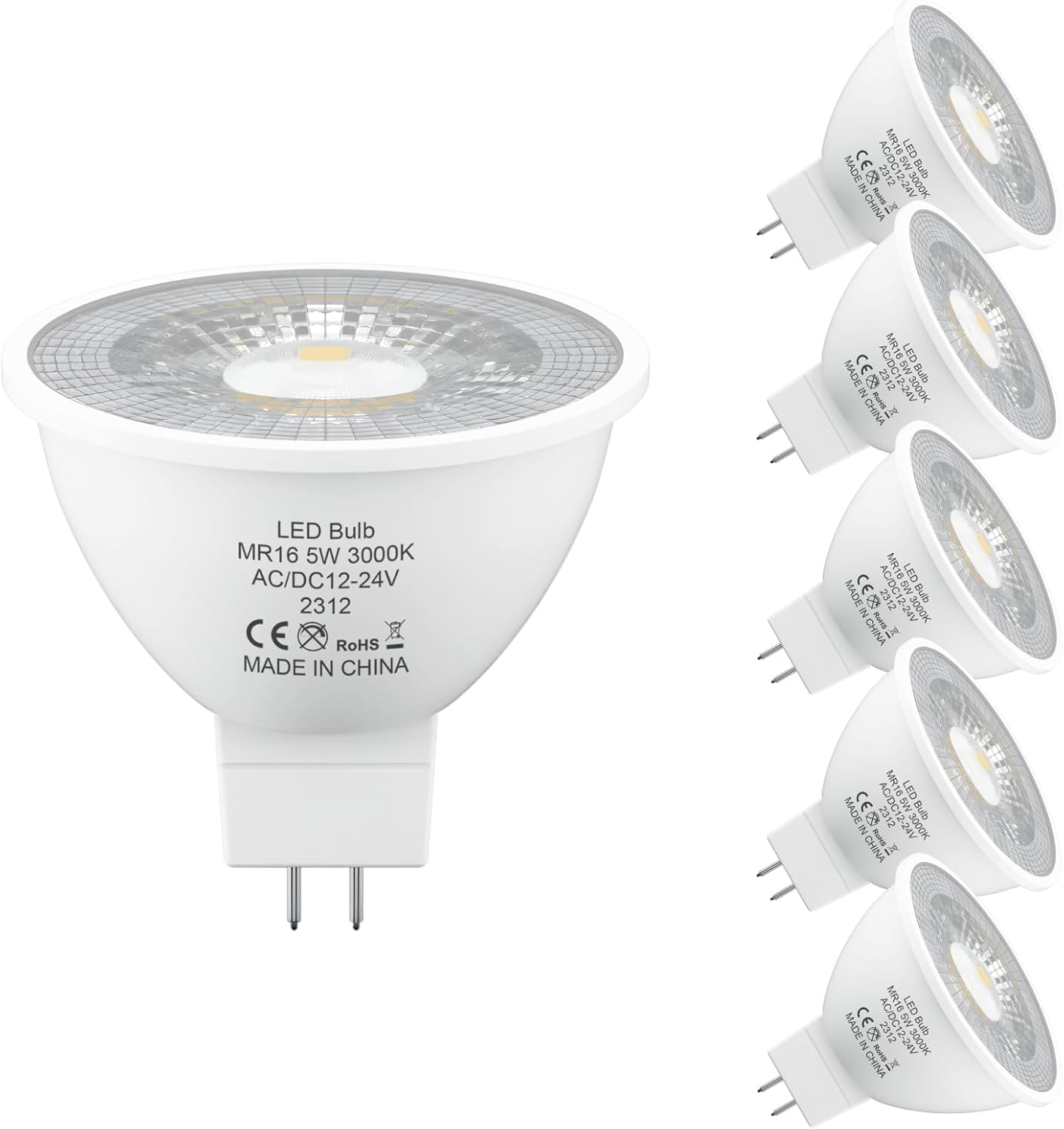 MR16 LED Bulbs Warm White 3000K, AC/DC 12V/24V GU5.3 LED Spotlight Bulbs, 5W 470LM Light Bulb Equivalent 50W MR16 Halogen Bulb, Non-Dimmable, 38&deg; Beam Angle, for Landscape, Track Lighting, 6 Pack
