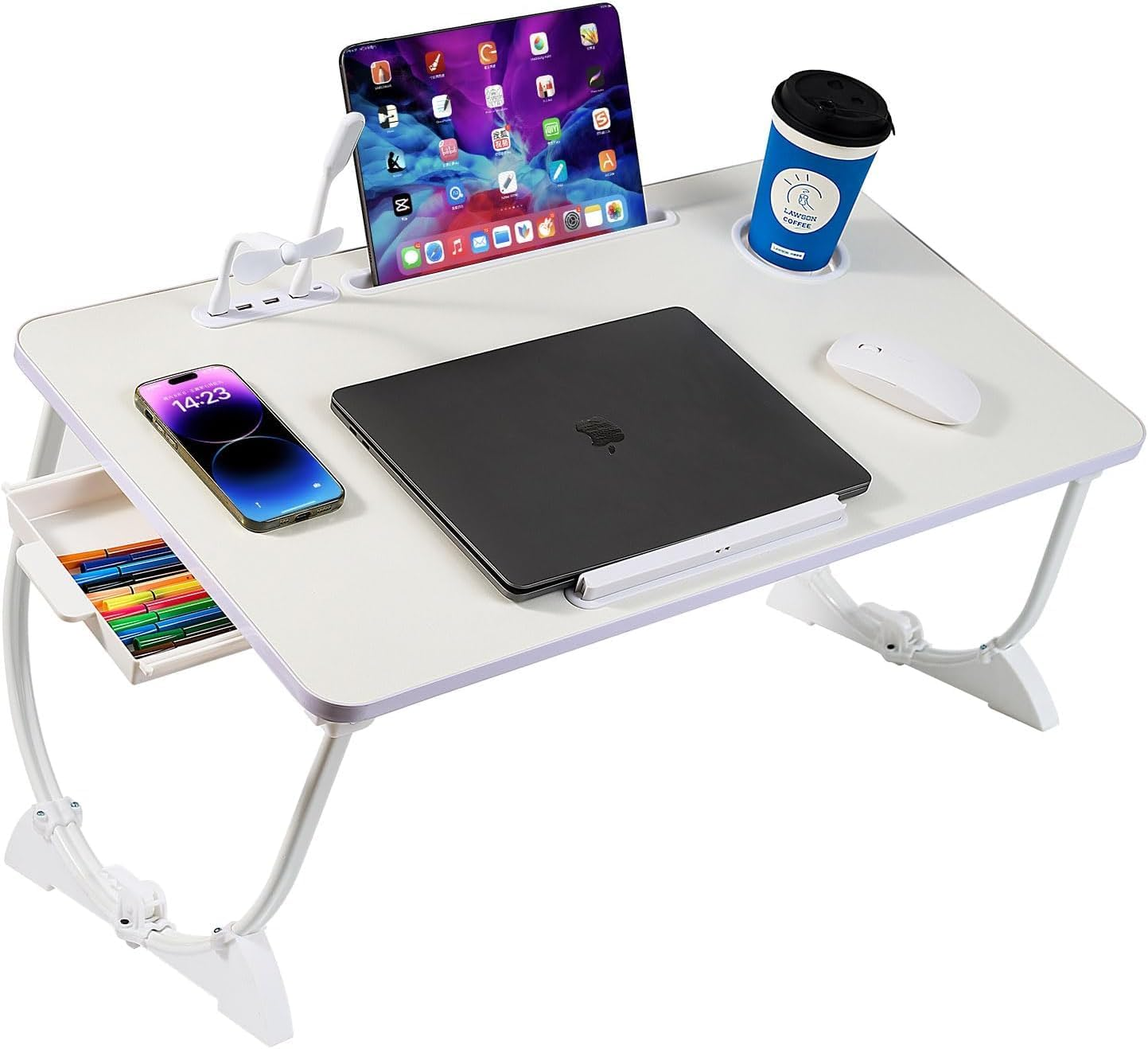 Adjustable Laptop Bed Desk with 4 USB Ports, Storage Drawer, Cup Holder, Portable Lap Desk Tray for Eating Reading Working Drawing Gaming(White) image number 3