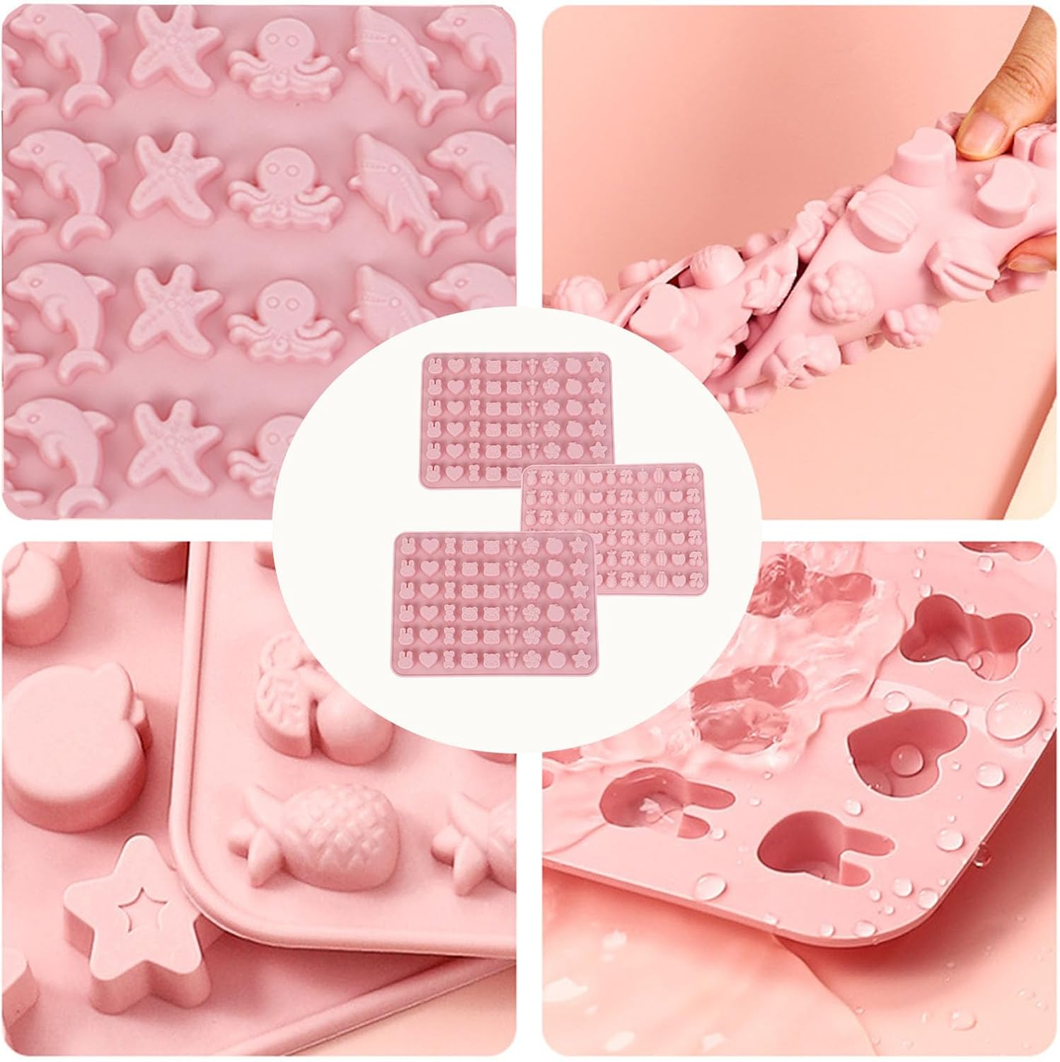 3 Pack Candy Molds Silicone,Fruit Snack Molds,Cute Object and Marine Animals,Non-Stick Silicone Candy Molds Reusable Nonstick Chocolate Molds with 2 Droppers image number 3