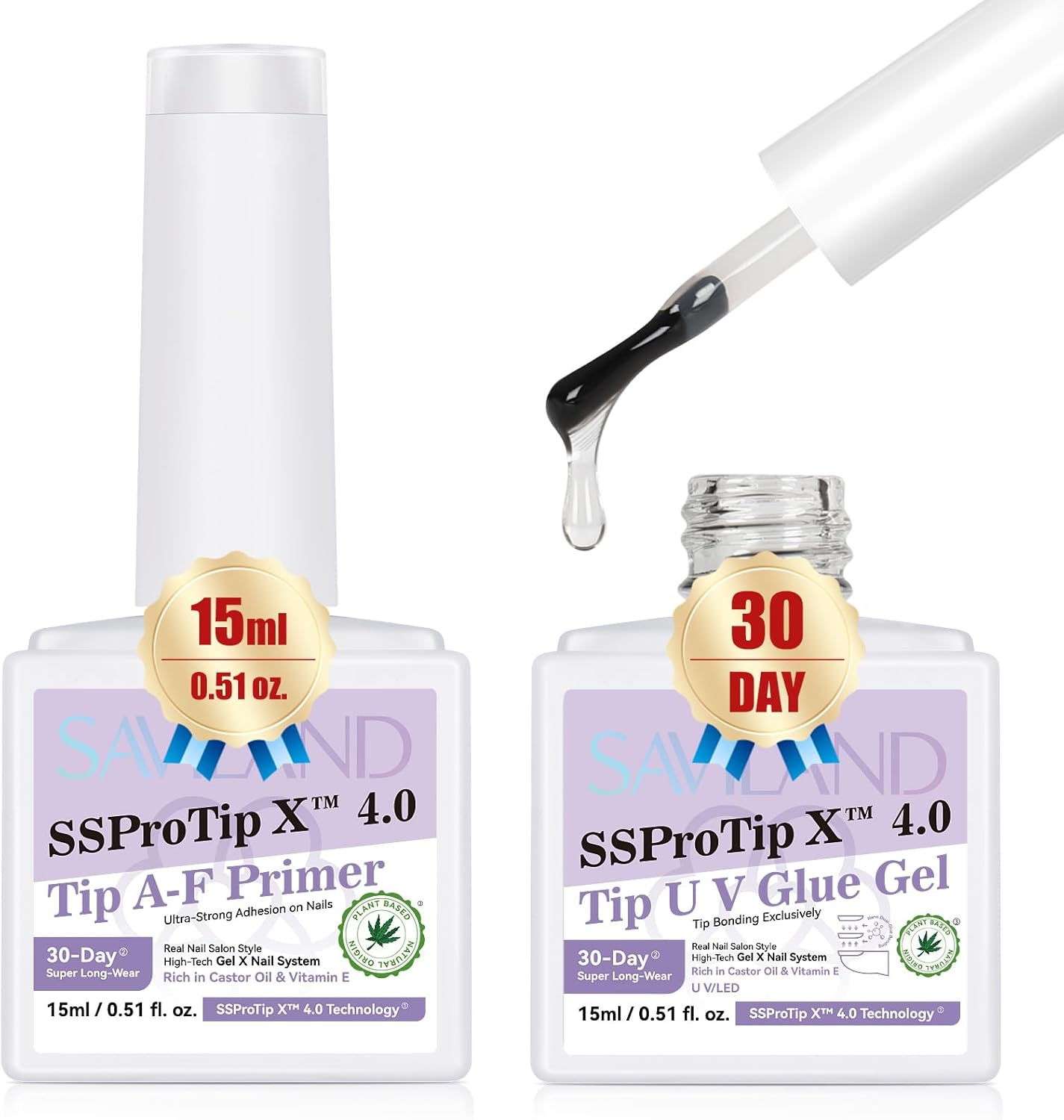 SAVILAND Gel Nail Glue Duo Set: Extra Strong U V Nail Glue Gel with Nail Primer Rich in Castor Oil Vitamin E for 30-Day Long Lasting Gel Glue for Nails False Nail Tips Press Ons Home Ssprotip X 4.0 image number 4