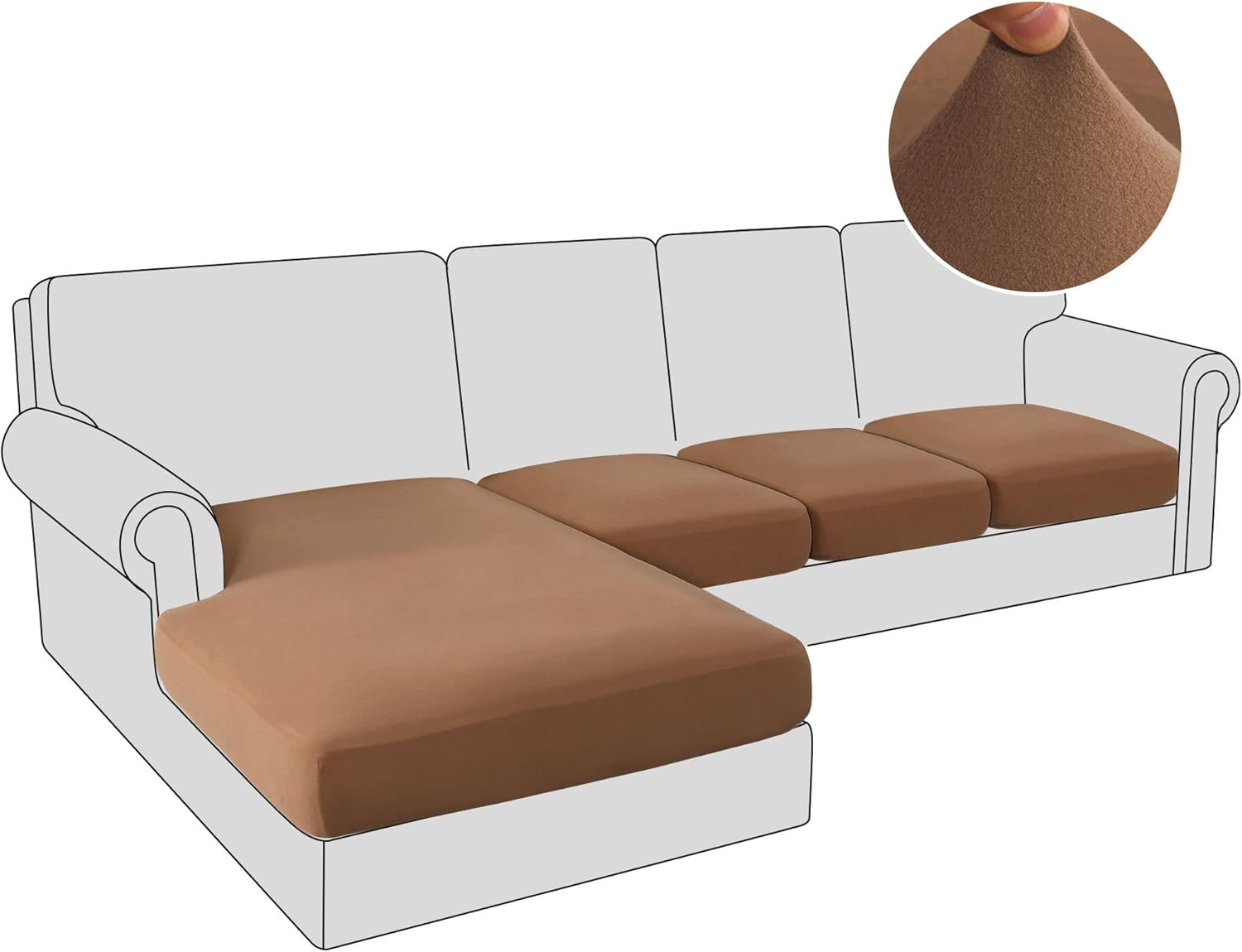 Princedeco 3 Pieces Stretch Sofa Seat Cushion Covers L Shape Separate Cushion Couch Thick Chaise Cover Elastic Fit Furniture Protector for Both Left/Right Sectional Couch (3 Seater, Camel)