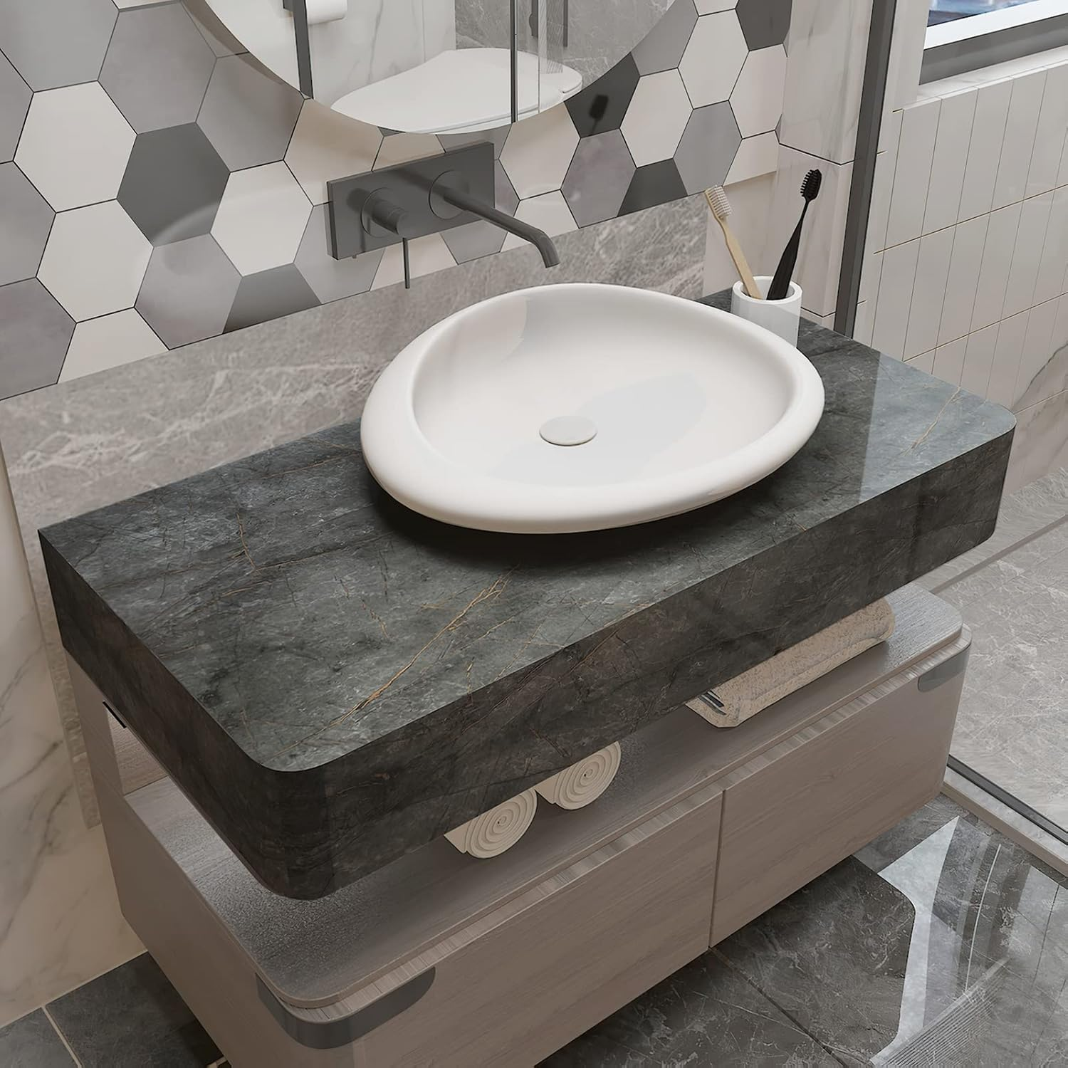 40Cmx3M Grey Stained Gold Marble Peel and Stick Wallpaper Self Adhesive Removable Waterproof Cabinet Vinyl Wrap Faux Granite Textured Glossy Contact Paper Modern Wall Stickers for Furniture Countertop image number 6