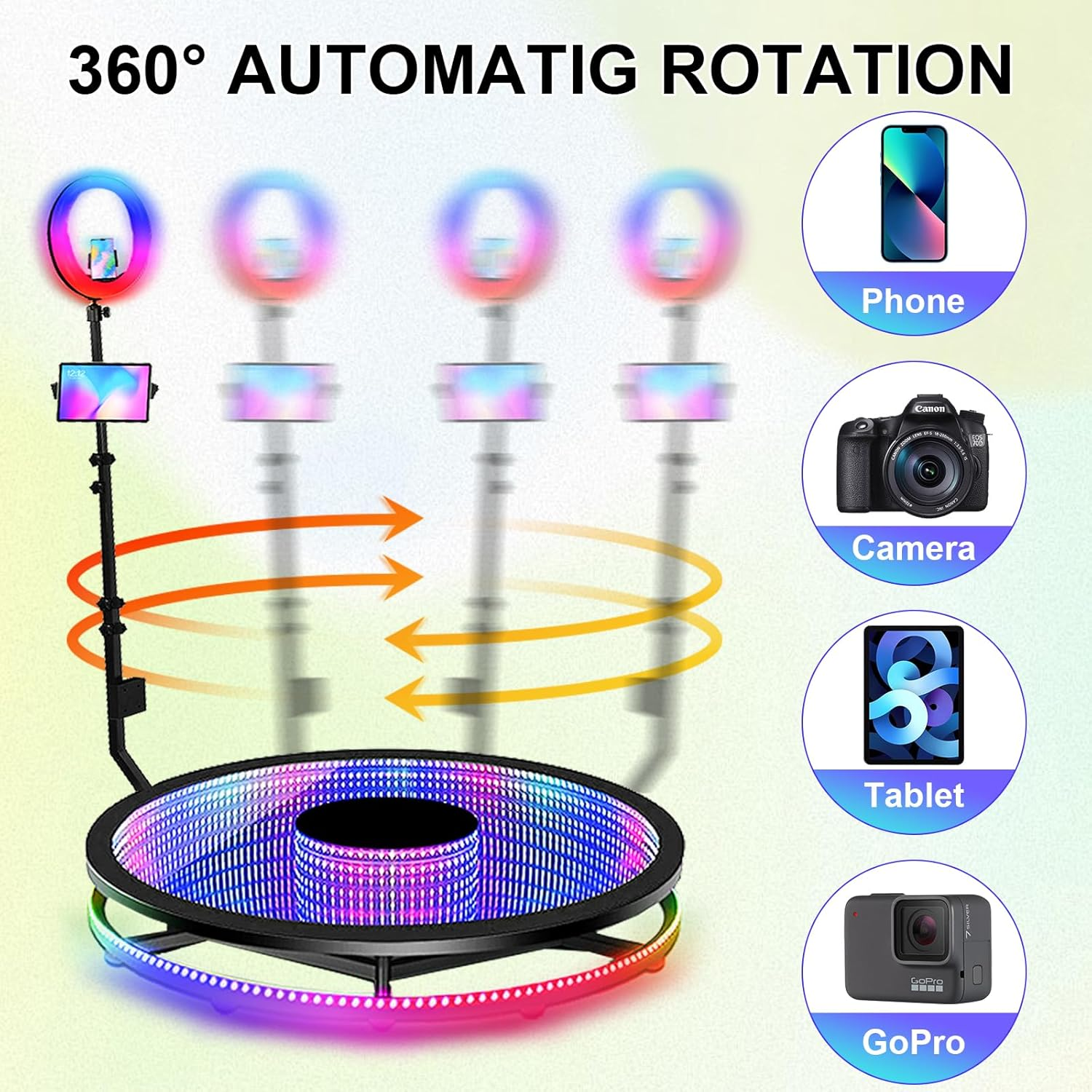 360 Photo Booth Machine for Parties, LED Tempered Glass 360 Booth for 3-4 People, Auto Spin Video Booth with Flight Case,Rgb Ring Light, Free Custom Logo, 360 Camera Booth for Events (100Cm/39.4Inch) image number 6