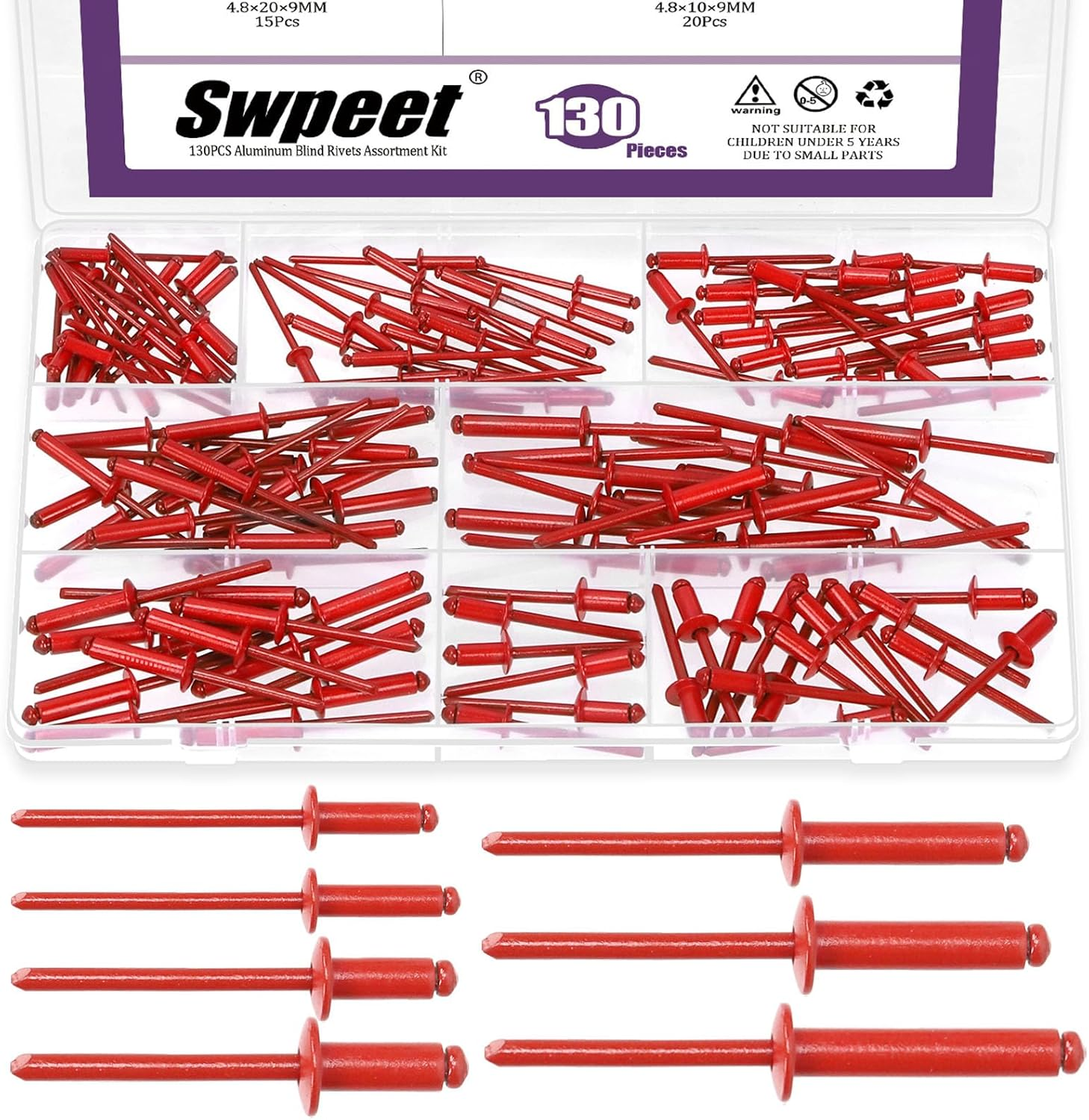 Swpeet 130Pcs 7 Sizes Red Large Flange Aluminum Blind Rivets Assortment Kit, Blind Pop Rivets Aluminum Grip and Steel Mandrel Blind Rivets for Metal, Furniture, Automotive