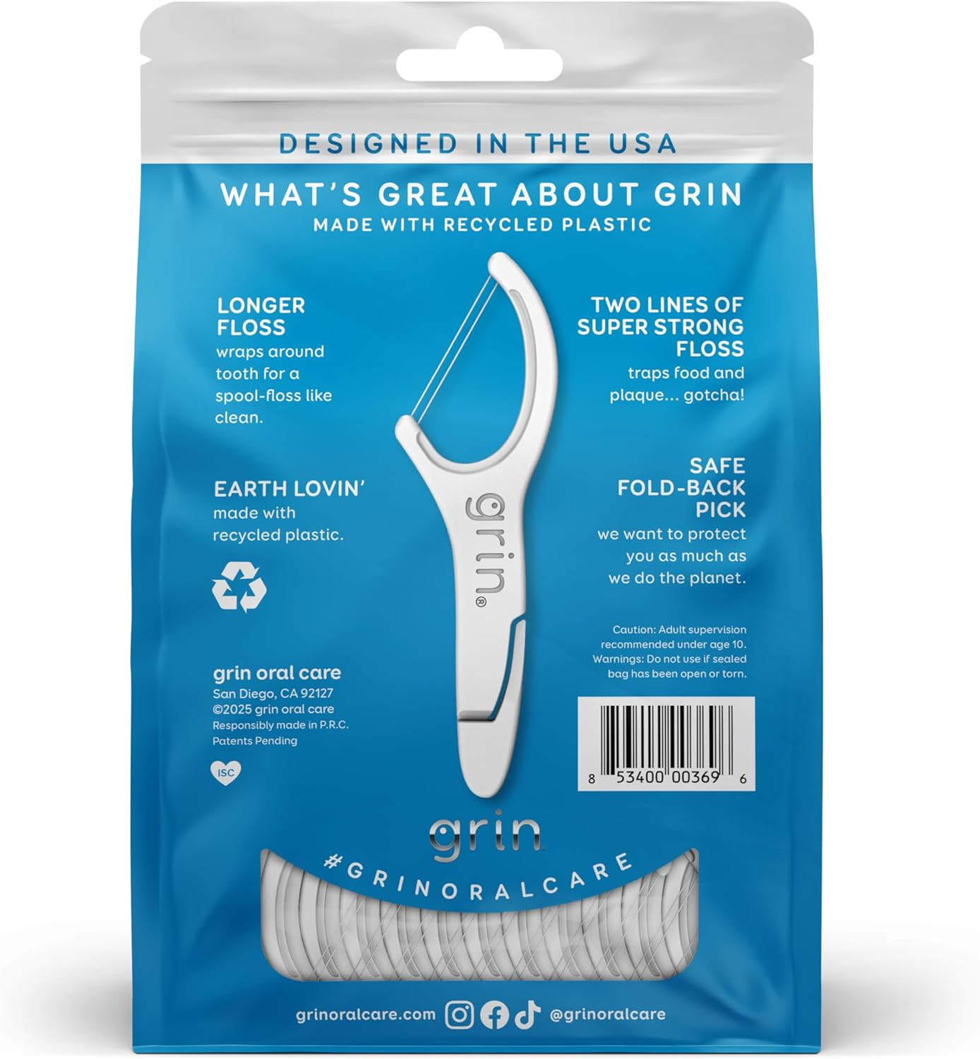 GRIN Double Flosspyx, Floss Picks, 150 Ct, Dental Flossers, Minty Flavor, Recycled Plastic, 2 Lines of Strong Floss, Longer Floss Head, Traps Food and Plaque, Includes Safe Soft Fold-Back Tooth Pick