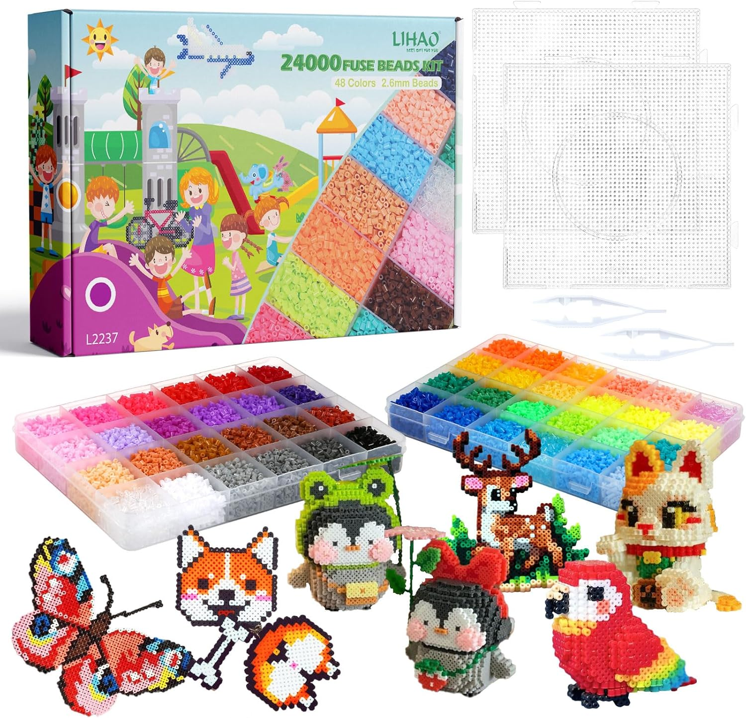 GWHOLE 48 Colors 2.6Mm Fuse Beads Kit 24000 PCS Craft Kit Ironing Beads with Ironing Paper Beads Pegboards and Tweezers for DIY Arts and Crafts image number 1