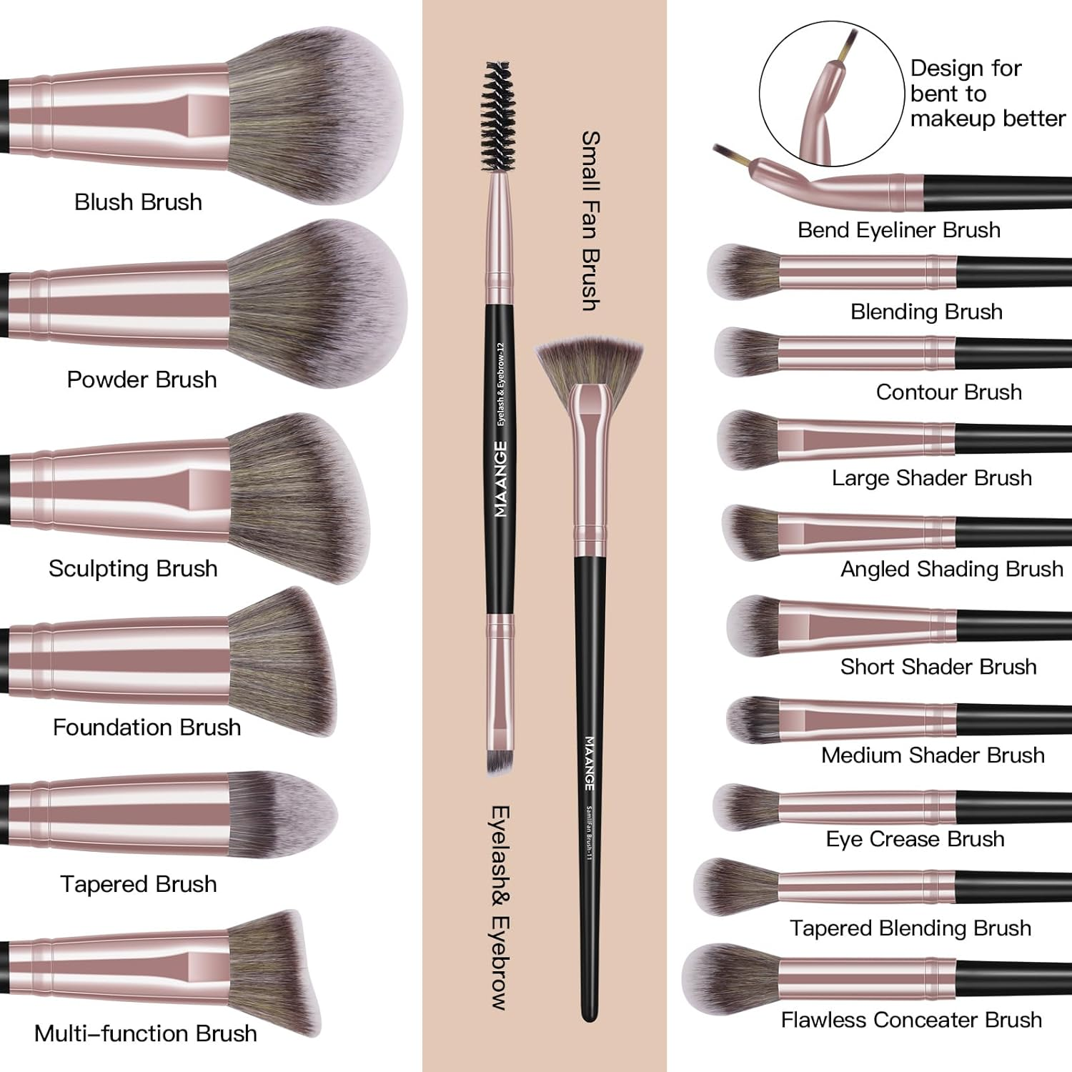 MAANGE 18Pcs Makeup Brushes with Case, Premium and Professional Make up Brush, Soft Bristles, for Foundation Blending Powder Concealers Makeup Brushes Set (Rose Gold) image number 2