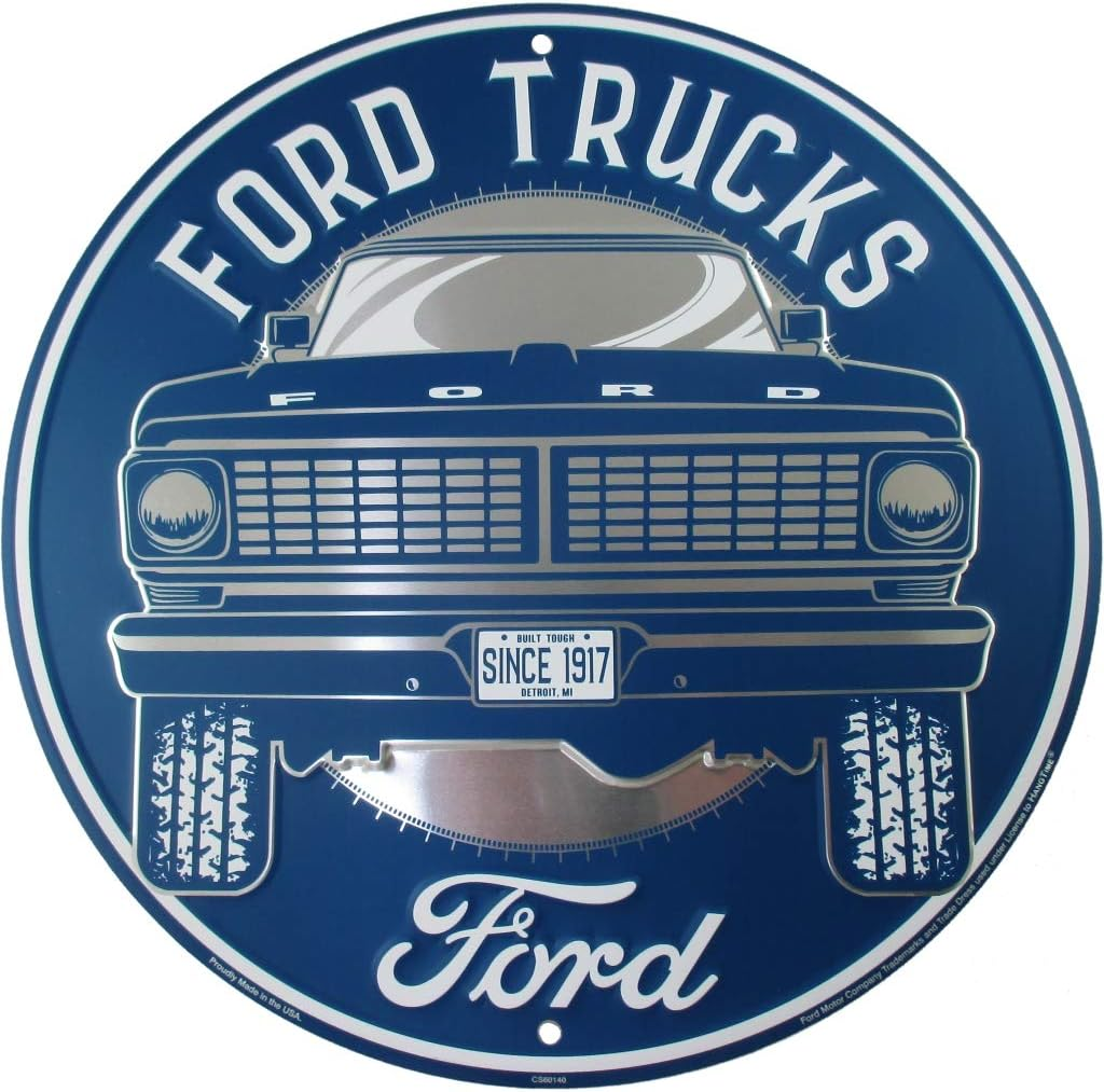 Hangtime Ford Truck Sign, Vintage Metal Decor with Classic Old F-Series Pick-Up, 12 Inch round Wall Art