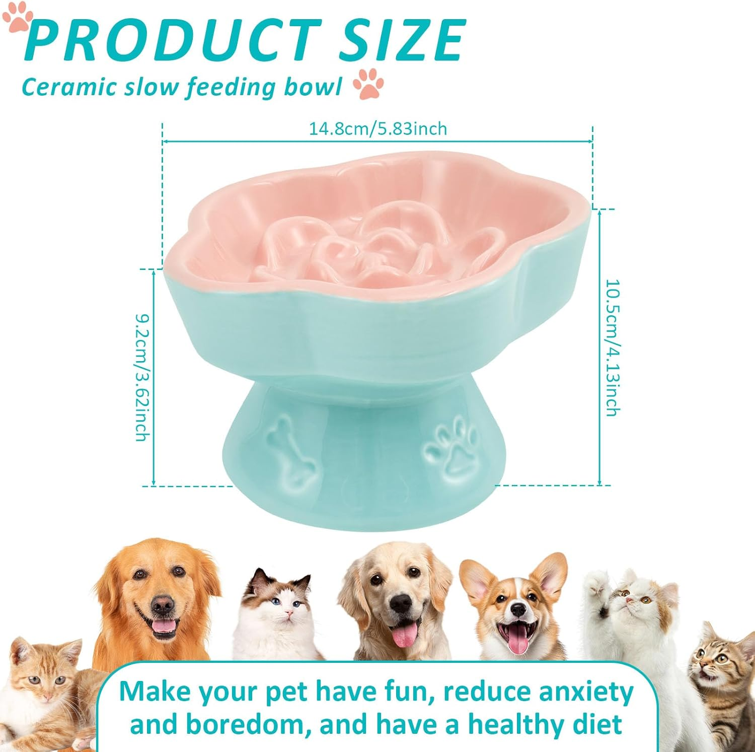UKQRRTC Raised Cat Slow Feeder Bowl, Ceramic Elevated Cat Food Bowl, Safe Shallow Wide Tilted Cat Dog Eating Bowl, Dog Food Bowl for Cats Dogs Dry and Wet Food