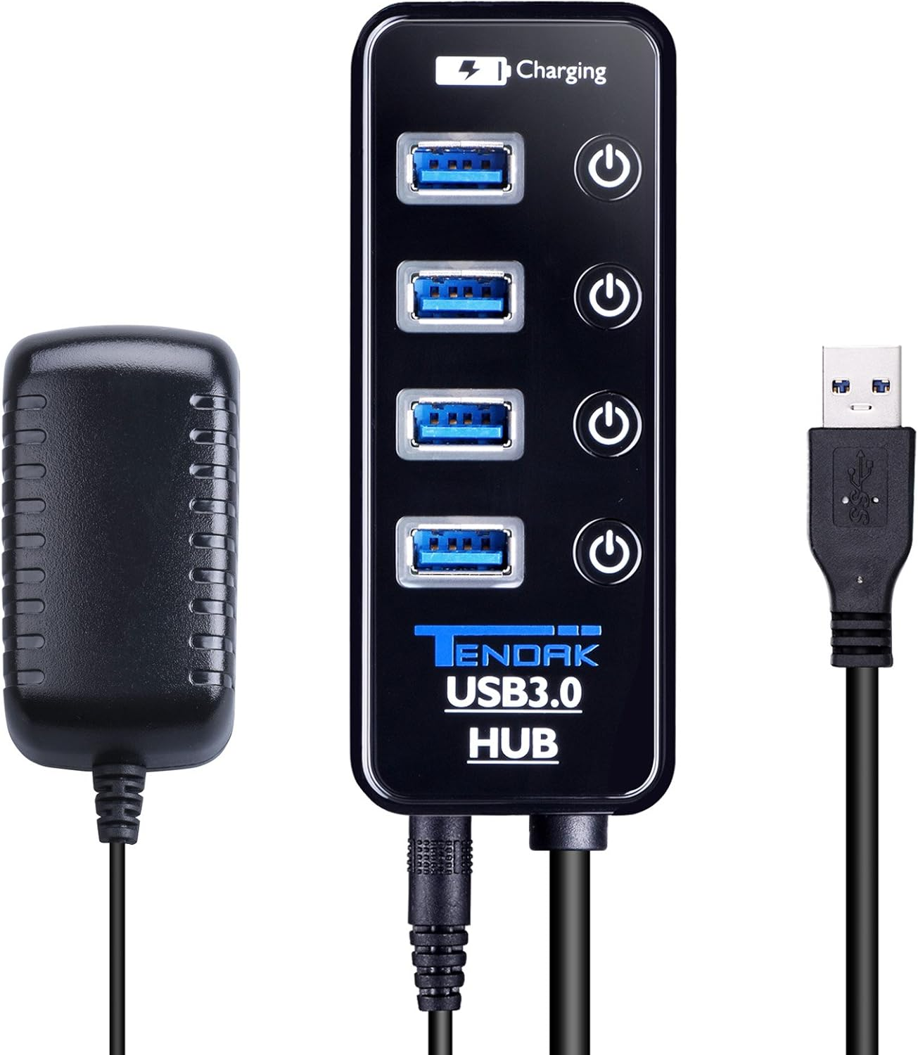 Tendak USB 3.0 Hub with 4 USB 3.0 Data Ports + 1 USB Smart Charging Port and Power Supply Adapter with Individual On/Off Port Switches image number 2