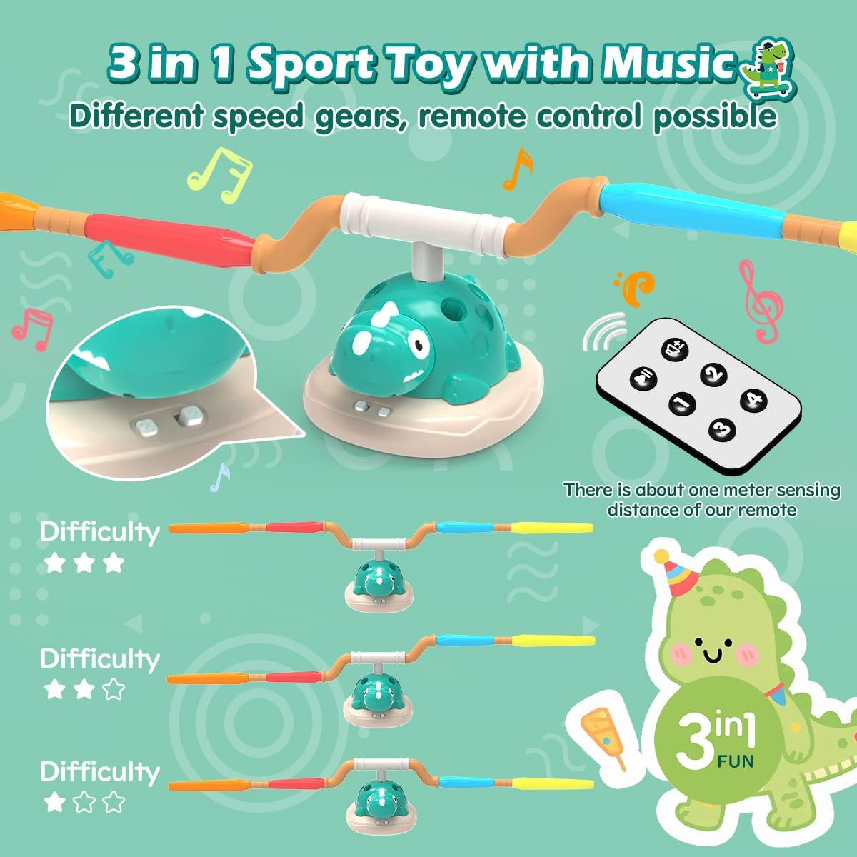 Kaekid Indoor Outdoor Toy for Kids, 3-In-1 Dinosaur Rocket Launcher, Ring Toss & Musical Jumping Toy for Kids Aged 3-8, Kids Toys with Remote Control & Storage Bag image number 4