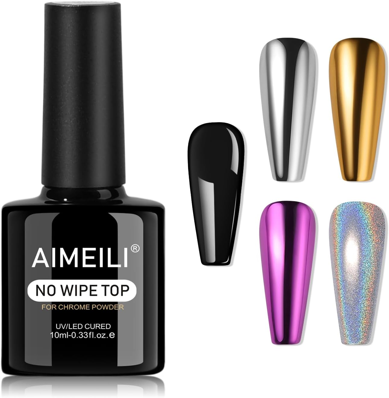 AIMEILI Gel Top Coat for Chrome Nail Powder, Hema Free, Cruelty Free, Vegan, Clear No Wipe High Gloss Top Gel Nail Polish Mirror Shine Long Lasting