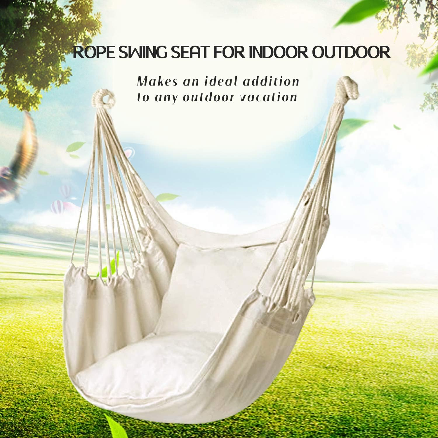 Hommtina Hammock Chair Hanging Rope Swing, Max 300 Lbs Hanging Chair with Pocket & Durability Perfect for Outdoor, Home, Bedroom, Patio, Yard (Pillows NOT Included,Beige) - Beige image number 1