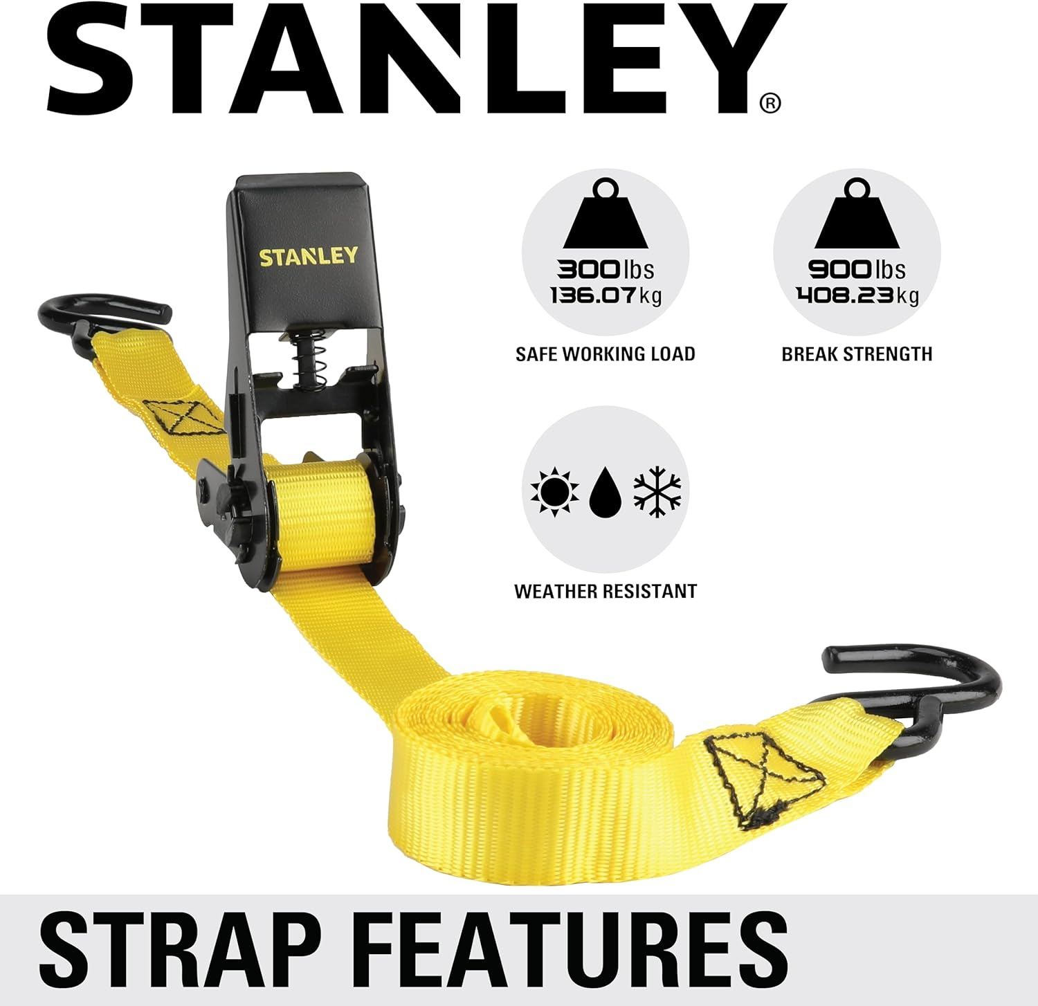STANLEY S9500 Black/Yellow 1" X 10' Ratchet Straps - Light Cargo (300 Lb Working Load / 900 Lb Break Strength), 4 Pack image number 6