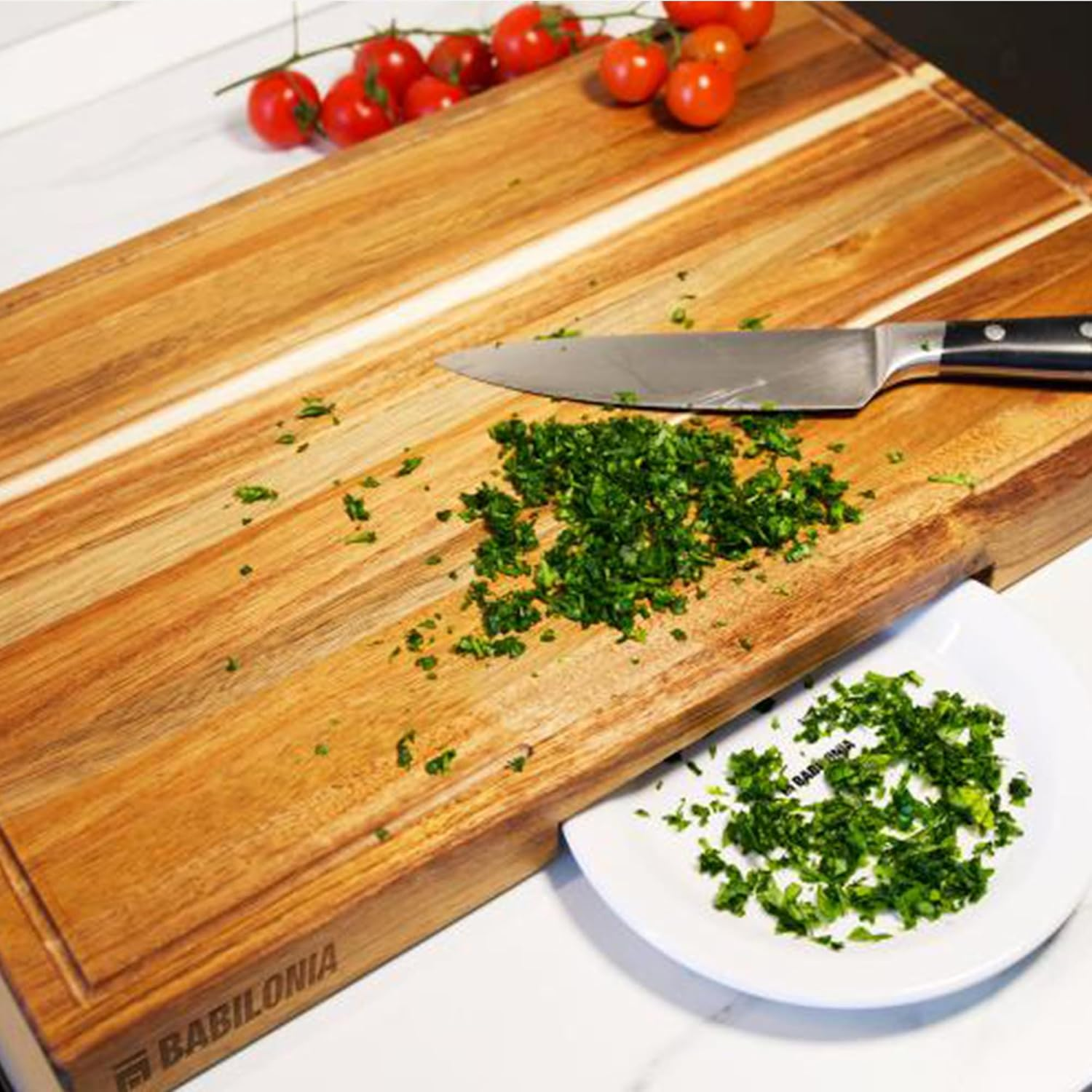 Acacia Wood Cutting Boards for Kitchen, Wooden Chopping Board for Meat, Cheese and Charcuterie Boards with Handles (Extrathick 1.6"). Premium Quality Butcher Block (Oil Bottle & Plate Included) image number 5