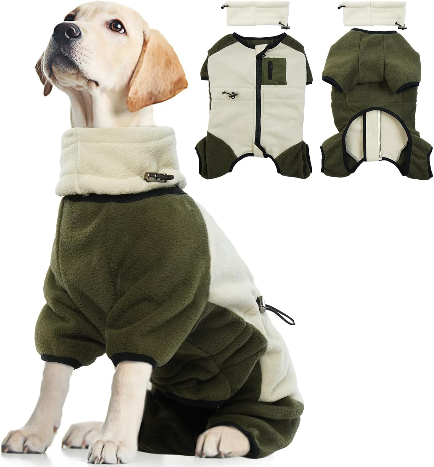 Dog Fleece Coat, Winter Comfy Pullover Dog Pjs Onesie Warm Coats & Jackets with Legs Full Coverage Dog Cold Weather Clothes Cozy with Zipper Closure Indoor & Outdoor Wear(Beige, XL)