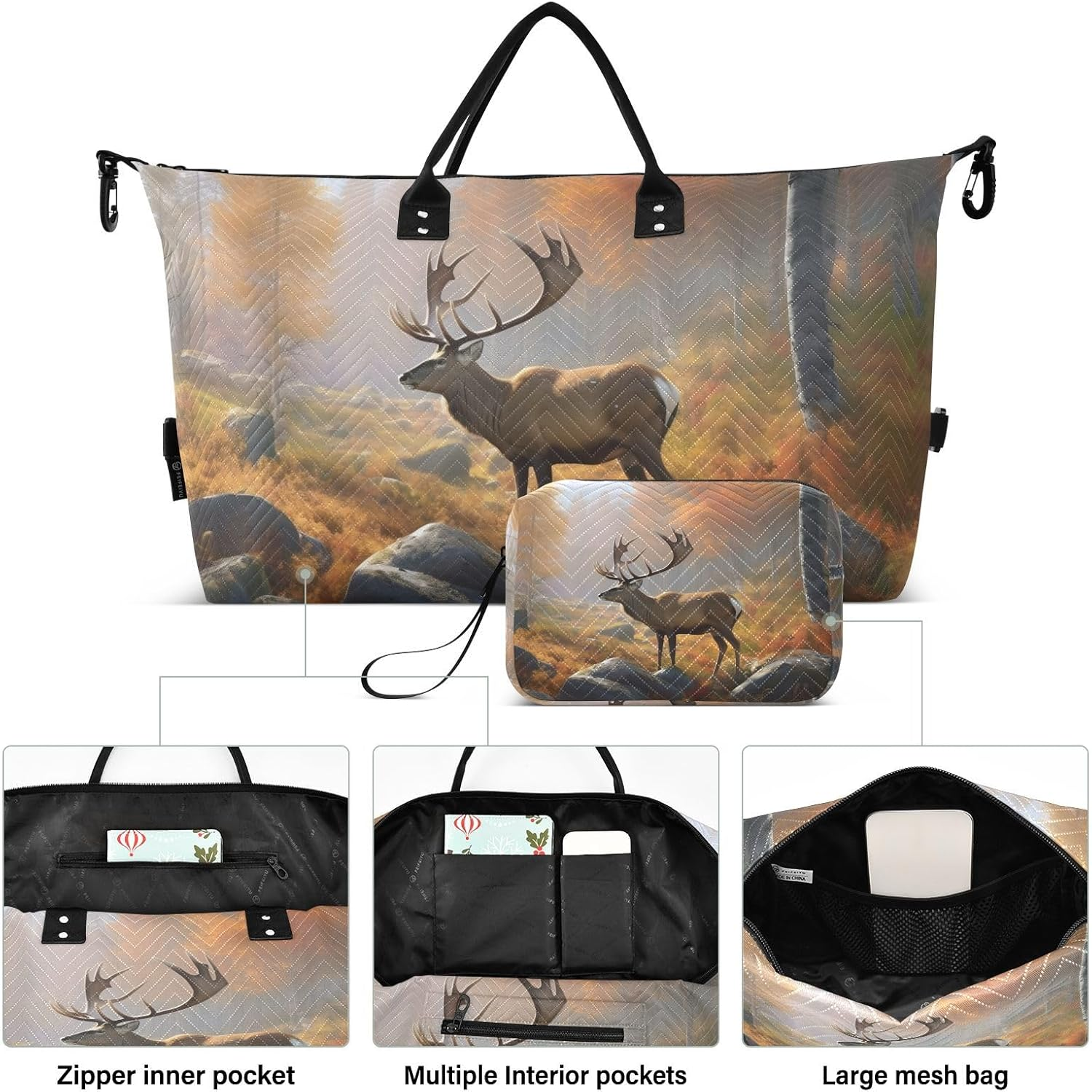 XYMZR Large Travel Duffel Bag, Moose on Rock Sports Tote Gym Bag, Shoulder Weekender Overnight Bag for Women Men, Carry on Luggage with Toiletry Bags, Multi-Colored, Multi-Colored image number 5
