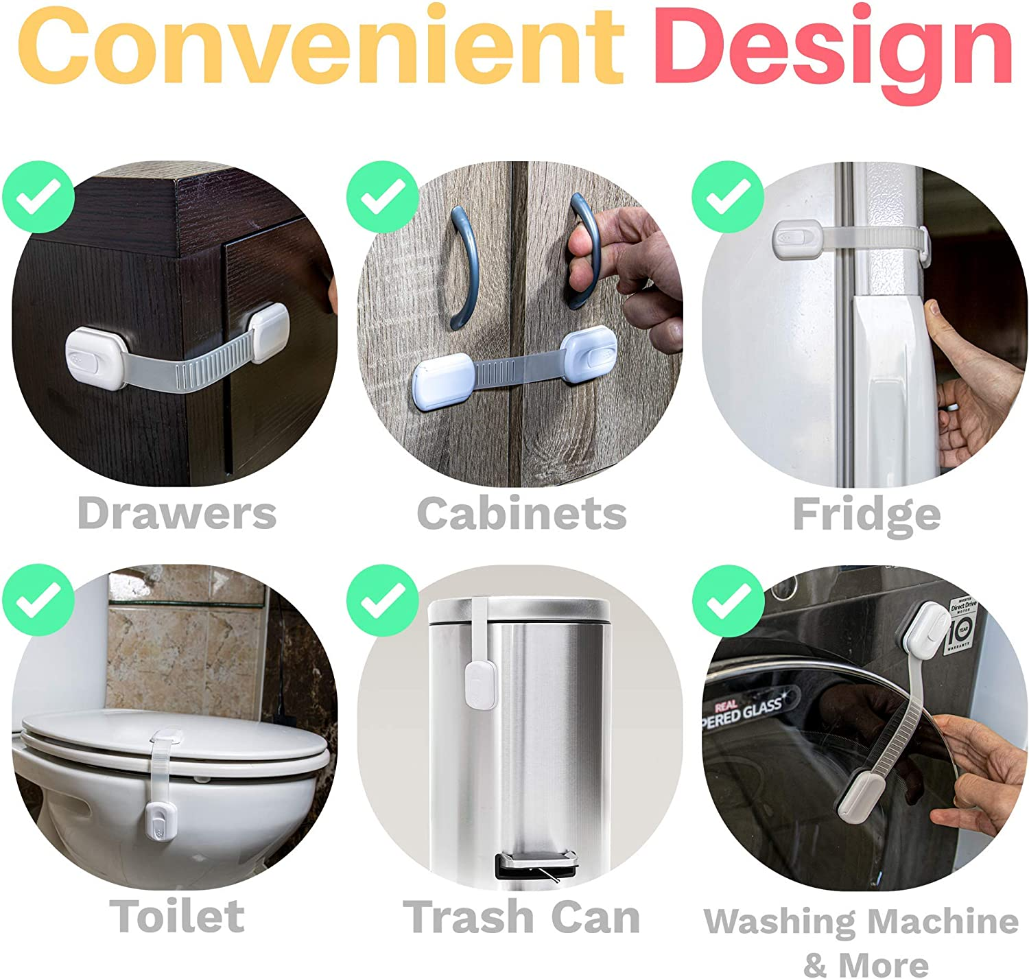 6-Pack Child Proof Locks for Cabinet Doors, Drawers, Fridge, Toilet Seat, Dishwasher, Trash Can, Cupboard - 3M - No Drilling - Child Safety Locks for Cabinets and Drawers - Baby Proofing Cabinets Lock image number 3