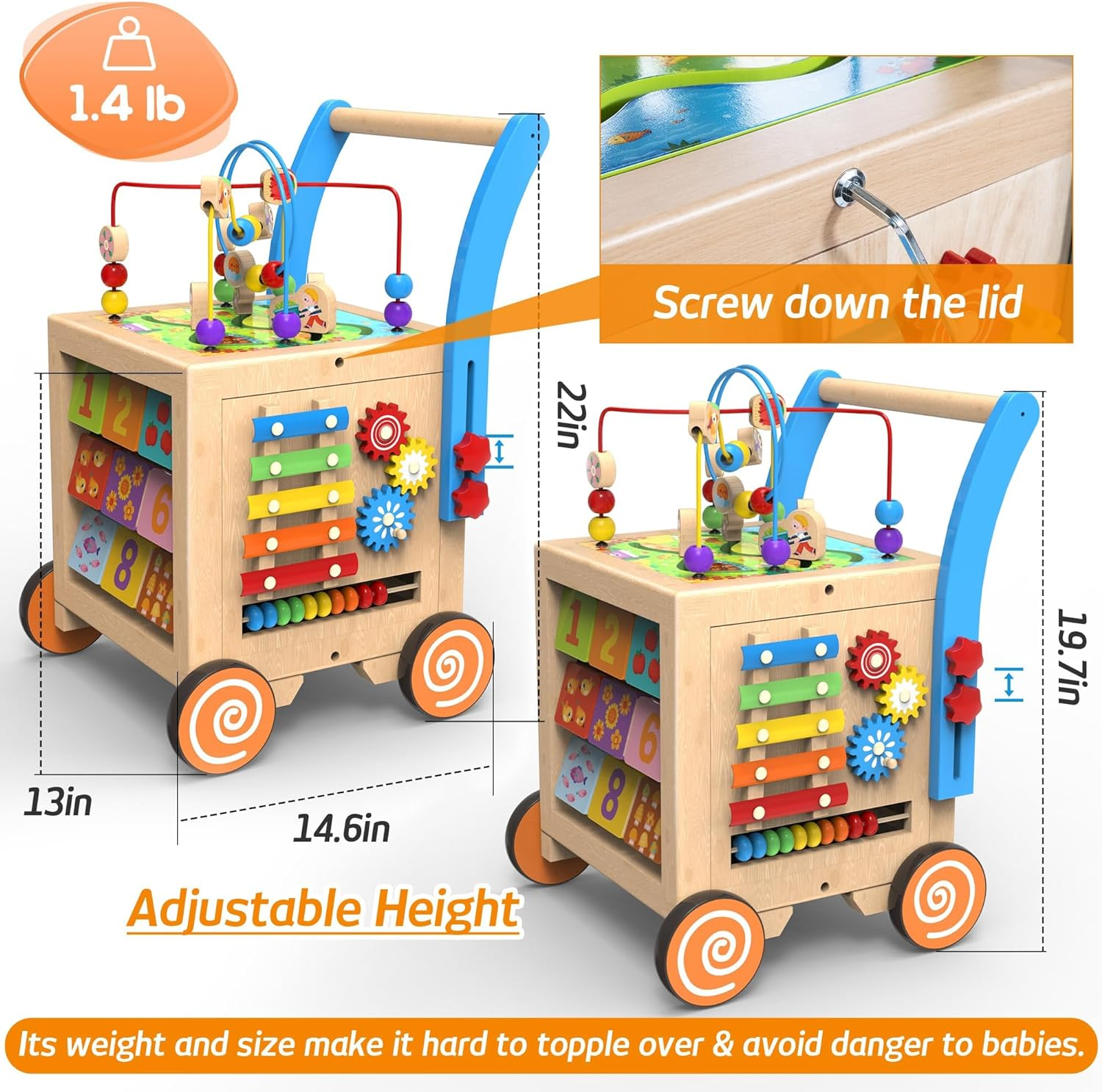 Wooden Baby Walker Activity Center Cube Sit-To-Stand Learning Farmyard Push & Pull Educational Toys Set Birthday Xmas Baby Toddler Boys Girls Age 12+ Months image number 4