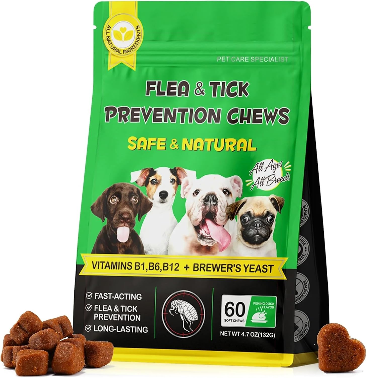 Natural Flea & Tick Prevention Chews for Dogs - Peking Duck Flavour Soft Chews with Vitamins B1, B6, B12 - Vet-Approved Deworming Supplement for All Breeds & Ages - 60 Chewable Tablets image number 4