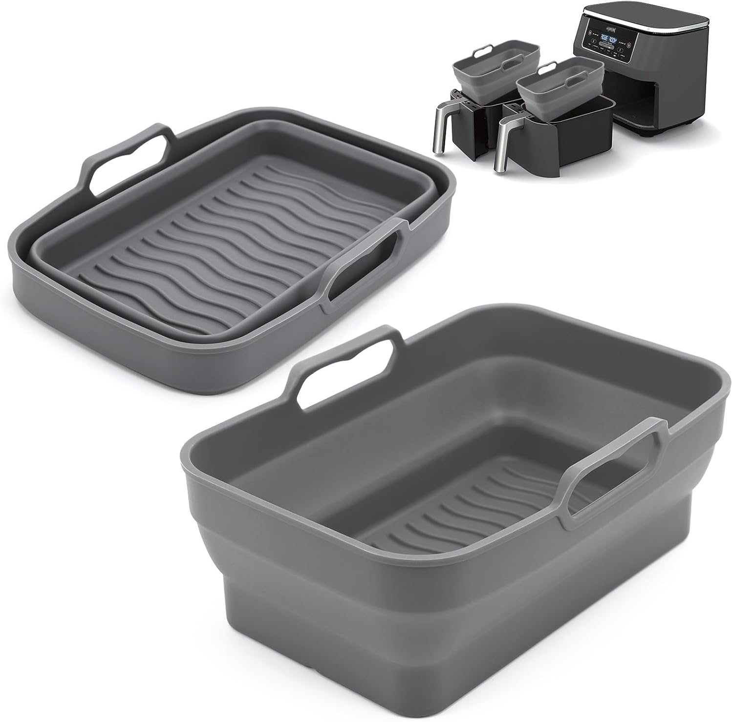 Ninja Dual Air Fryer Silicone Liners 2 Pack - Reusable Replacement Basket Bowl, Collapsible Baking Tray for Oven Microwave Accessories (Black)