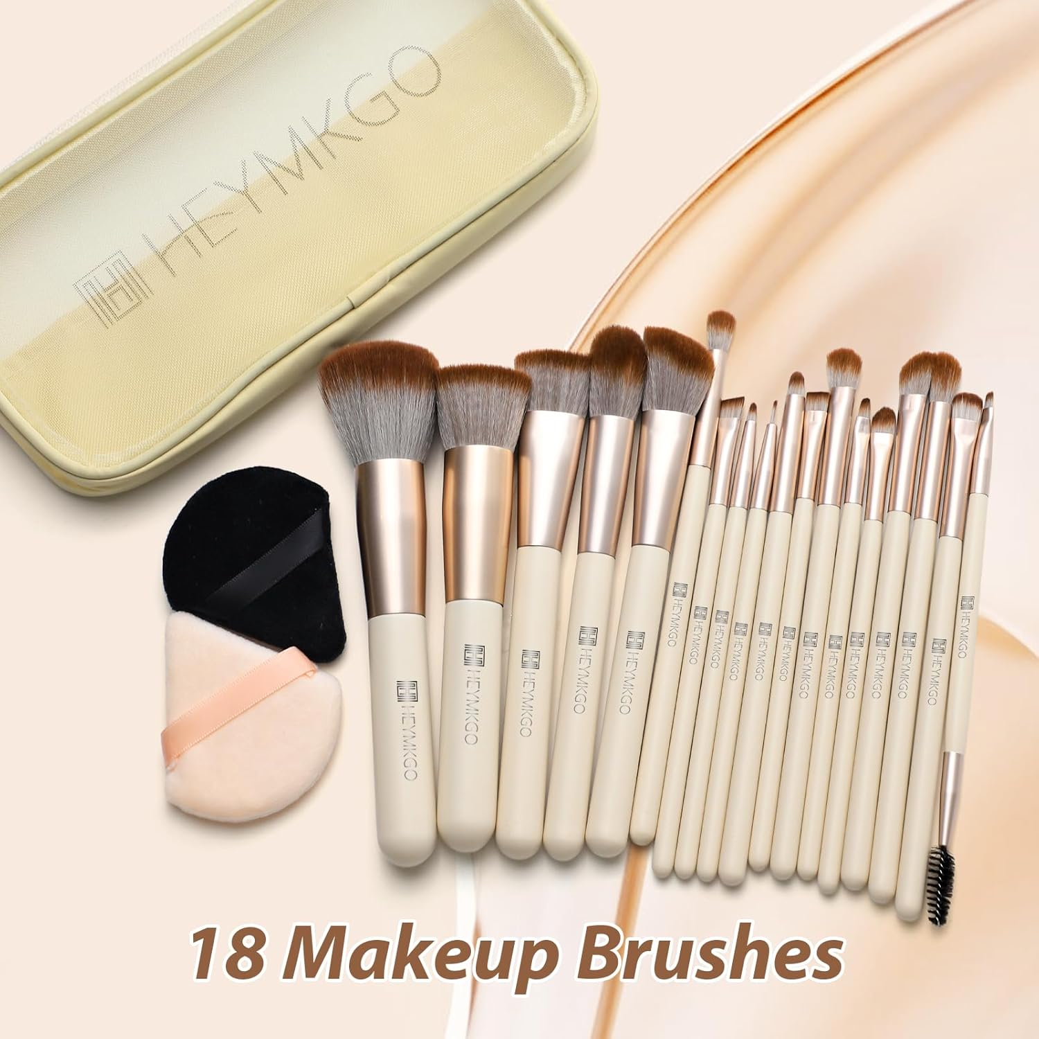 Makeup Brushes, HEYMKGO 18Pcs Professional Makeup Brush Set with 2 Powder Puff & Travel Bag, Premium Synthetic Foundation Powder Blush Blending Face Brush Kit, Eyeshadow Makeup Brushes & Tools image number 3