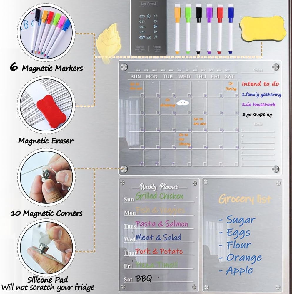 3Pcs Magnetic Acrylic Calendar for Fridge,Fridge Calendar Dry Erase Magnetic Planning Boards Acrylic Planner Monthly+Weekly Board+Memo Demos with 6 Markers+1 Erase(Clear) image number 6