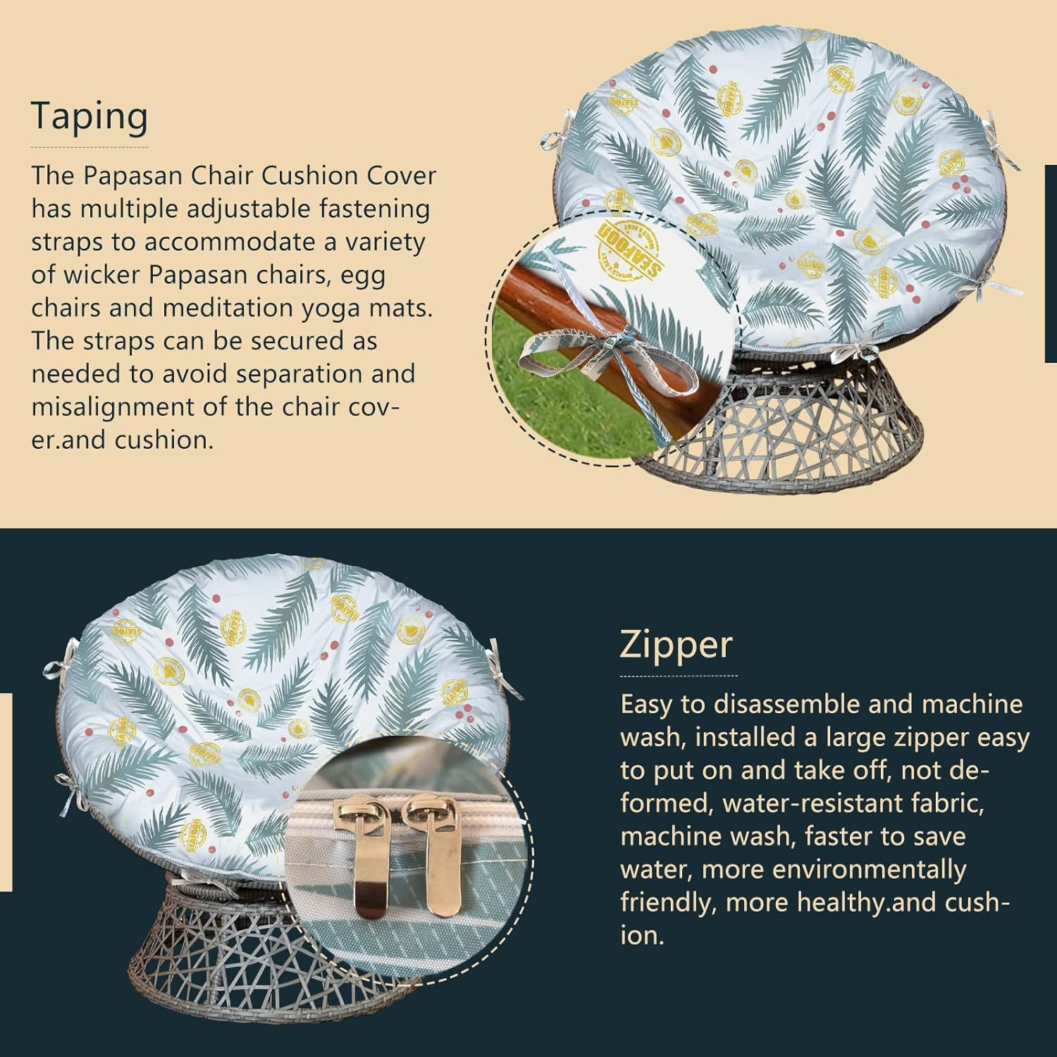 Papasan Cushion Covers 50" D - Blue Leaf Flower Color 600D Waterproof Heavy Duty Oxford Cloth Outdoor Patio Zippered Papasan Cushion Cover image number 4