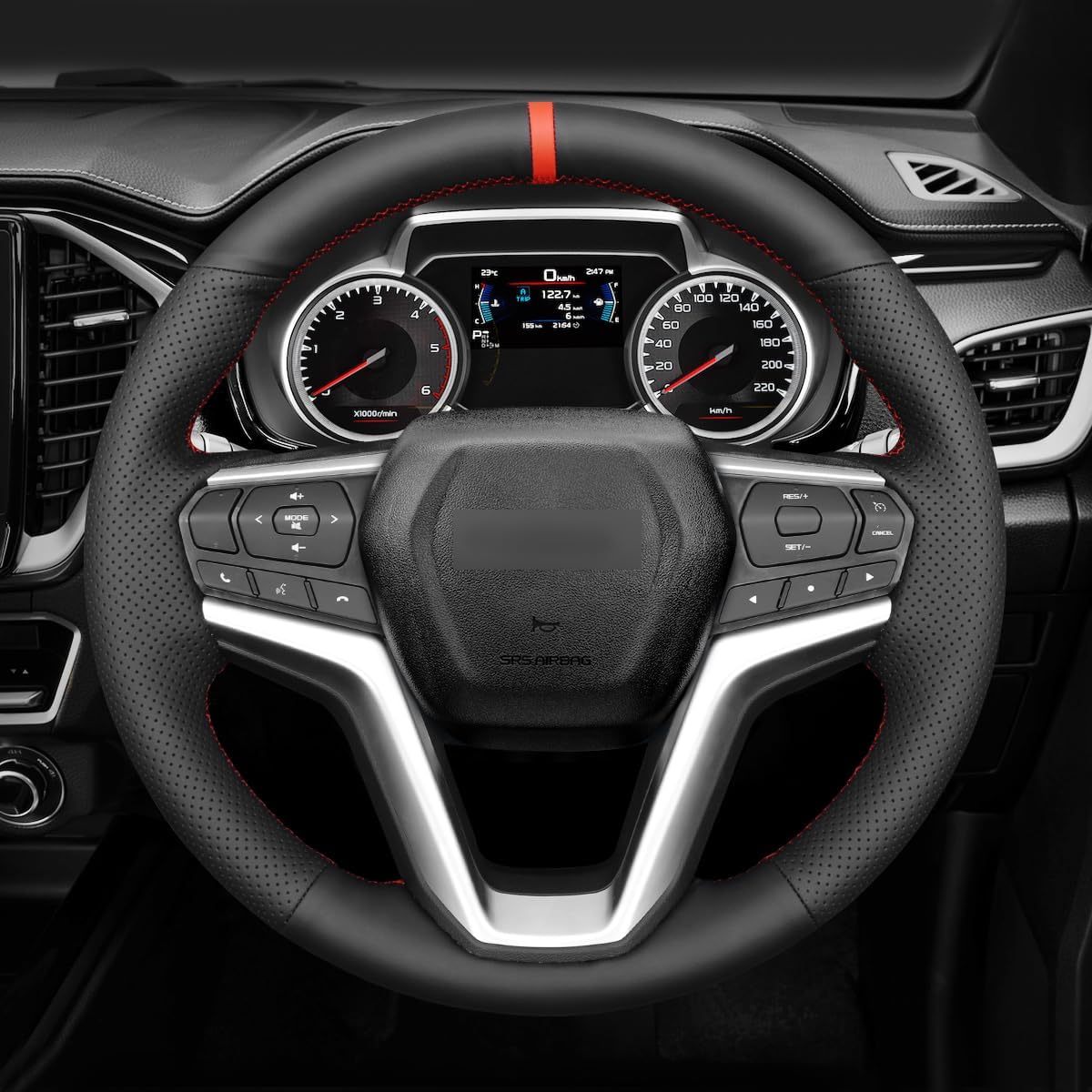 MEWANT Car Steering Wheel Covers for Isuzu D'Max 2021-2023 Hand-Stitched Car Steering Wrap - Genuine Leather + Red Stripethread image number 3