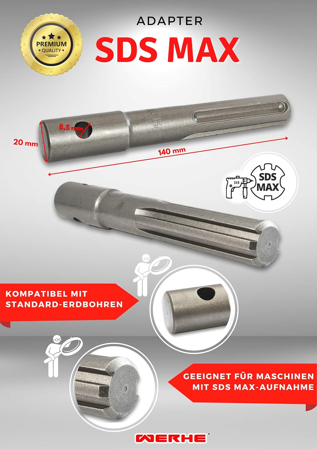 WERKON SDS Max Auger Adapter - Connects Drills to SDS Max Shank and Augers (40-200Mm) - Sturdy Steel 140Mm Length image number 6
