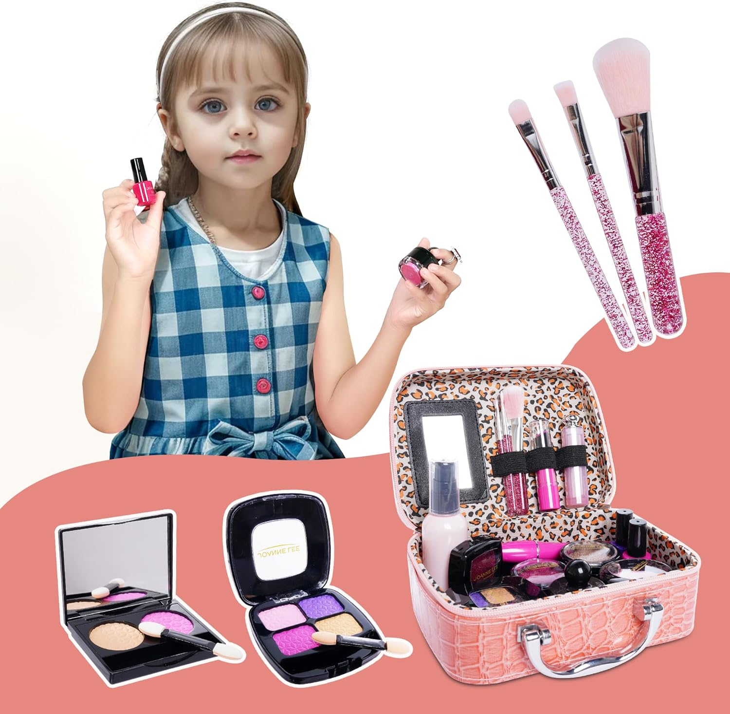 Pretend Makeup Kit for Girls Kids Pretend Play Makeup Set with Exquisite Leather Bag and Gift Box for Birthday Christmas Age 3+ (Not Real Makeup) (21Pcs Pink Kit) image number 1