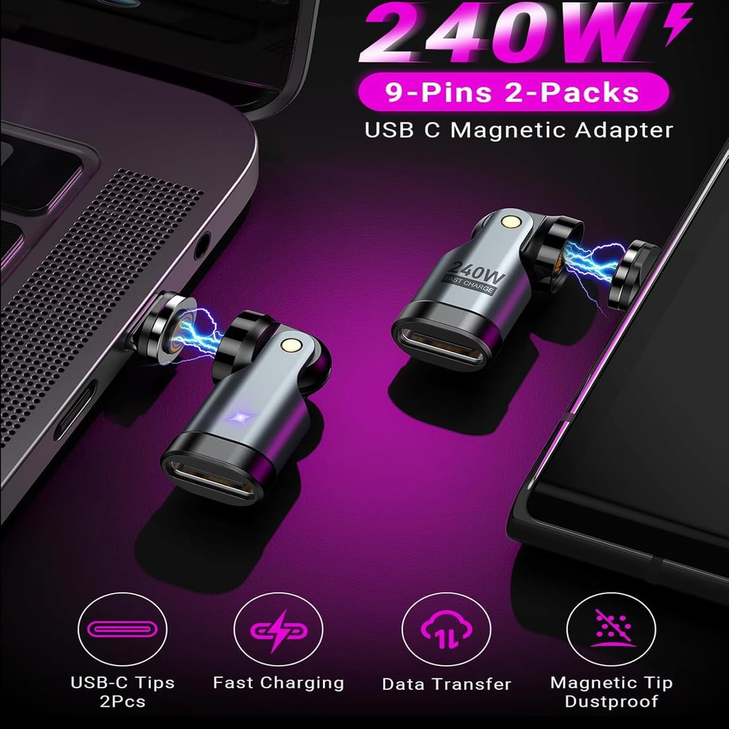 USB C Magnetic Adapter PD 240W(2Pack), 9PIN USB C 90 Degree Adapter/C Right Angle Adapters/360 &180 Degree C to C Adapters for 1Phone 16/15, Ma-Book Pro/1Pad Series, Samsung Galaxy, Tablet, Laptop image number 2