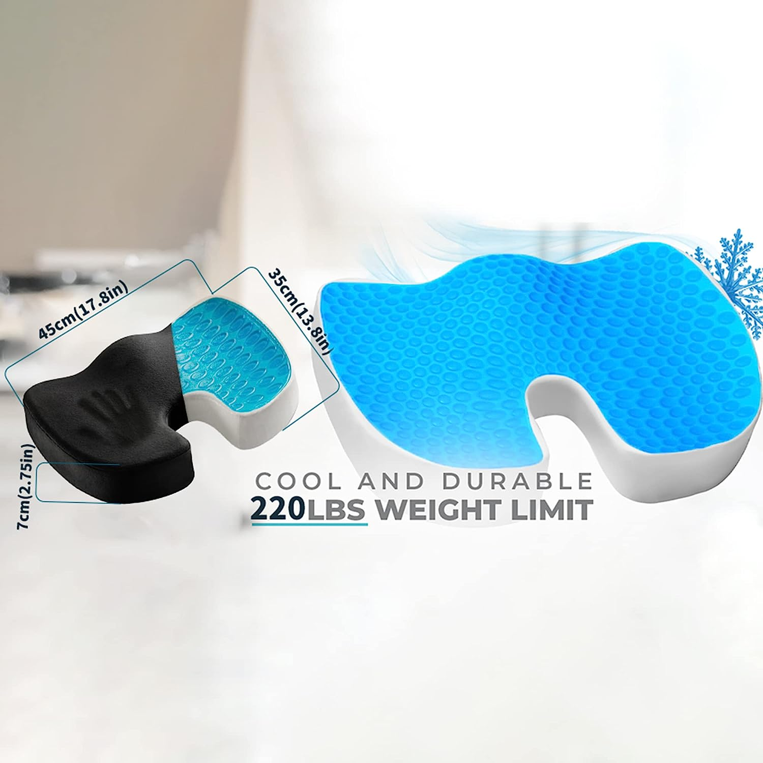 Cooling Gel Seat Cushion for Long Sitting - Memory Foam Chair Pillow for Sciatica Pain Relief - Orthopedic Gel & Memory Foam Coccyx Pad for Tailbone Pain - Office Chair Cushion for Back Pain - Black image number 3