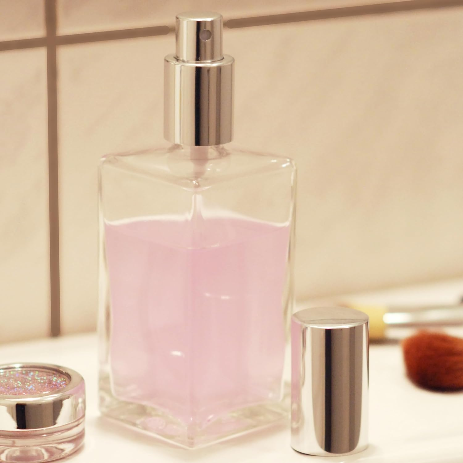 Fantasia Perfume Bottle Empty 100 Ml with Atomiser Pump, Square Clear Glass Bottle to Fill Yourself, with Perfume Atomiser and Cap in Silver, Refillable for 100 Ml image number 1