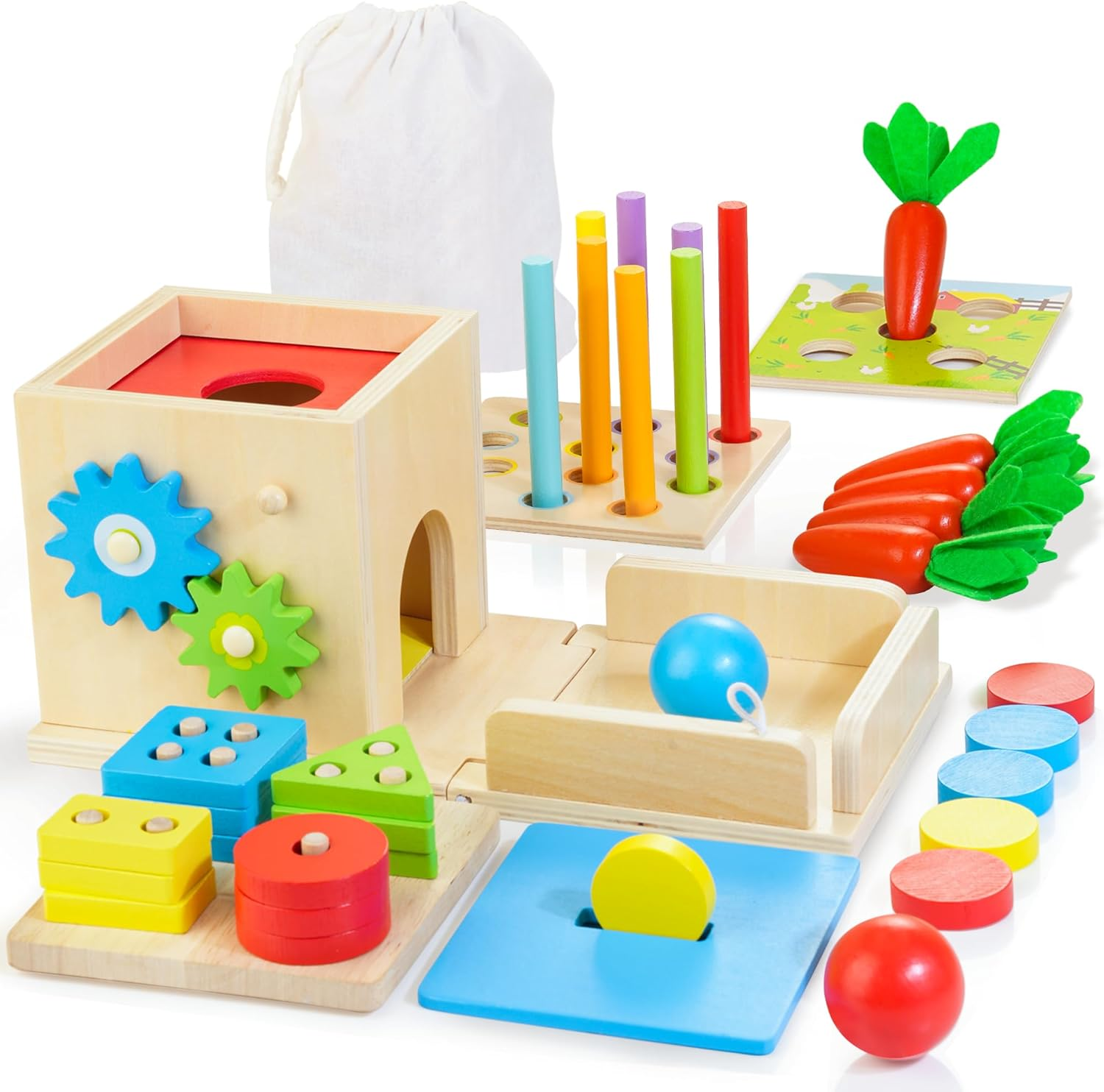 Wooden Montessori Baby Toys, 8-In-1 Wooden Play Kit Includes Object Permanent Box, Coin Box, Carrot Harvest, Shape Sorting & Stacking - Montessori Toys for Boys Girls Toddlers (Standard Edition) image number 5