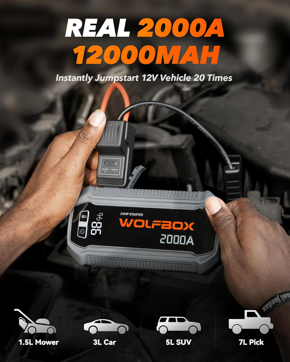 WOLFBOX Car Jump Starter 2000A, 12000Mah Battery with LED Display, Portable, 30W Fast Charge, 12V Car Battery Jump Starter Kit (7L Gasoline and 6L Diesel Engine) with Booster, LED Light, Jump Cable image number 3